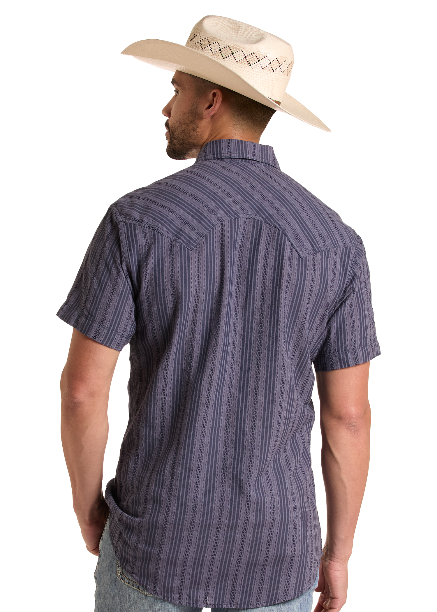 Man wearing a striped shirt and cowboy hat on a white background