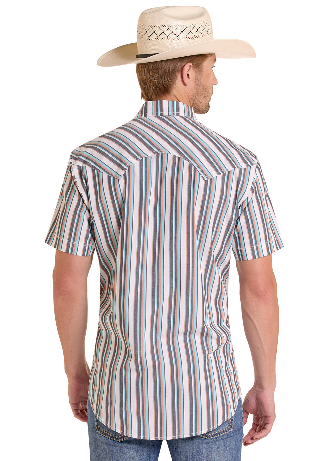 Man wearing a striped short-sleeve shirt and cowboy hat on a white background