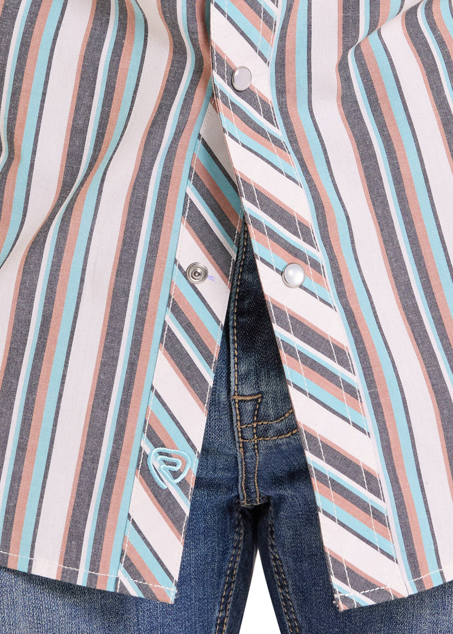 Close-up of a person wearing a striped shirt and jeans on a white background