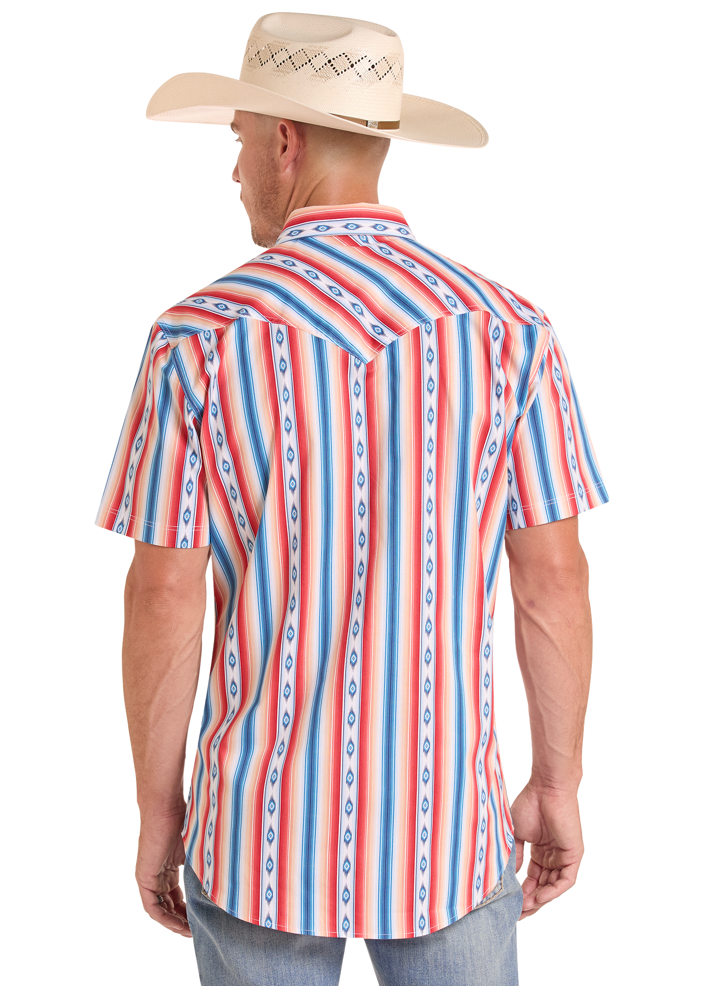 Man wearing a colorful striped shirt and cowboy hat on a white background