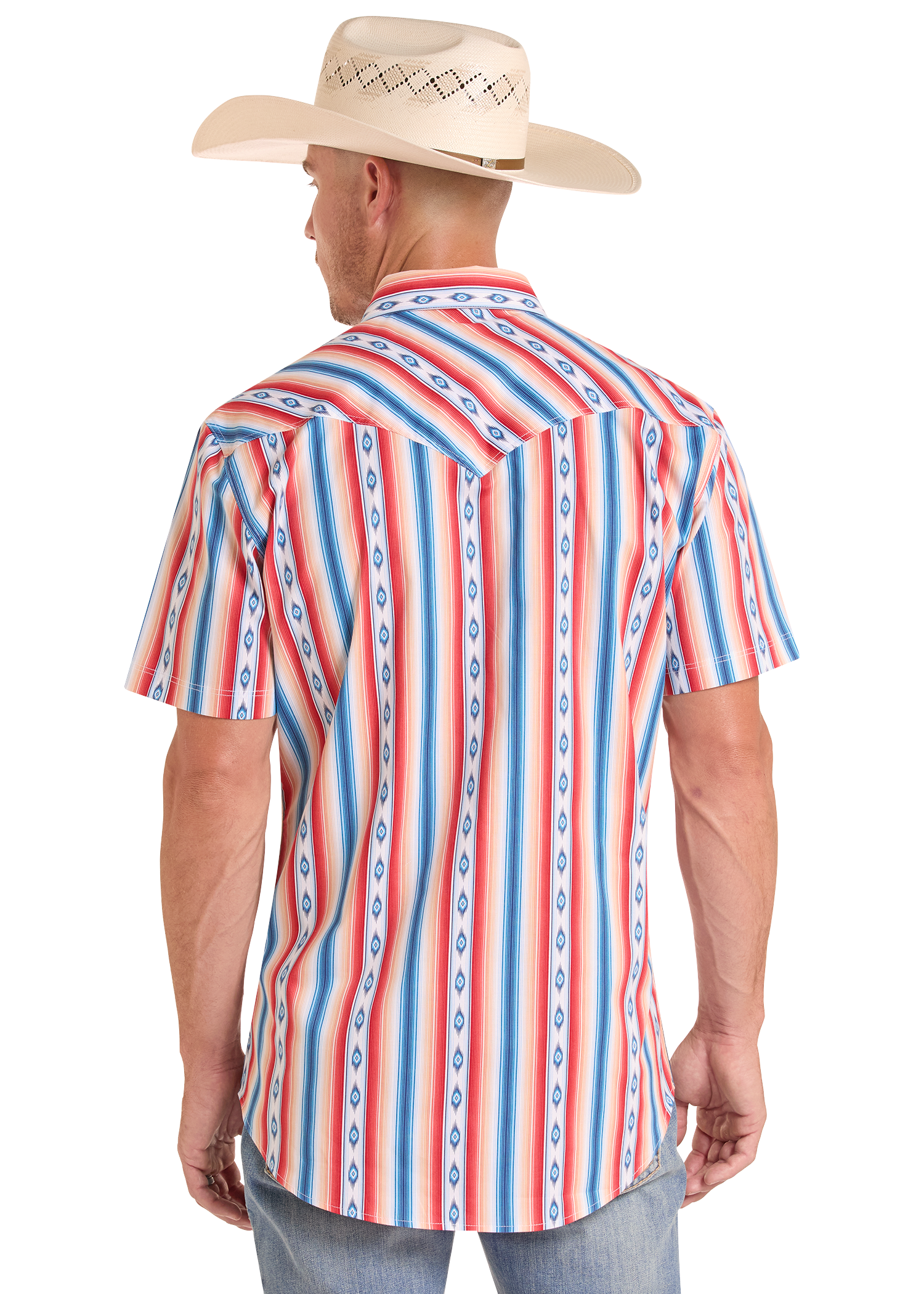 Man wearing a colorful striped shirt and cowboy hat on a white background