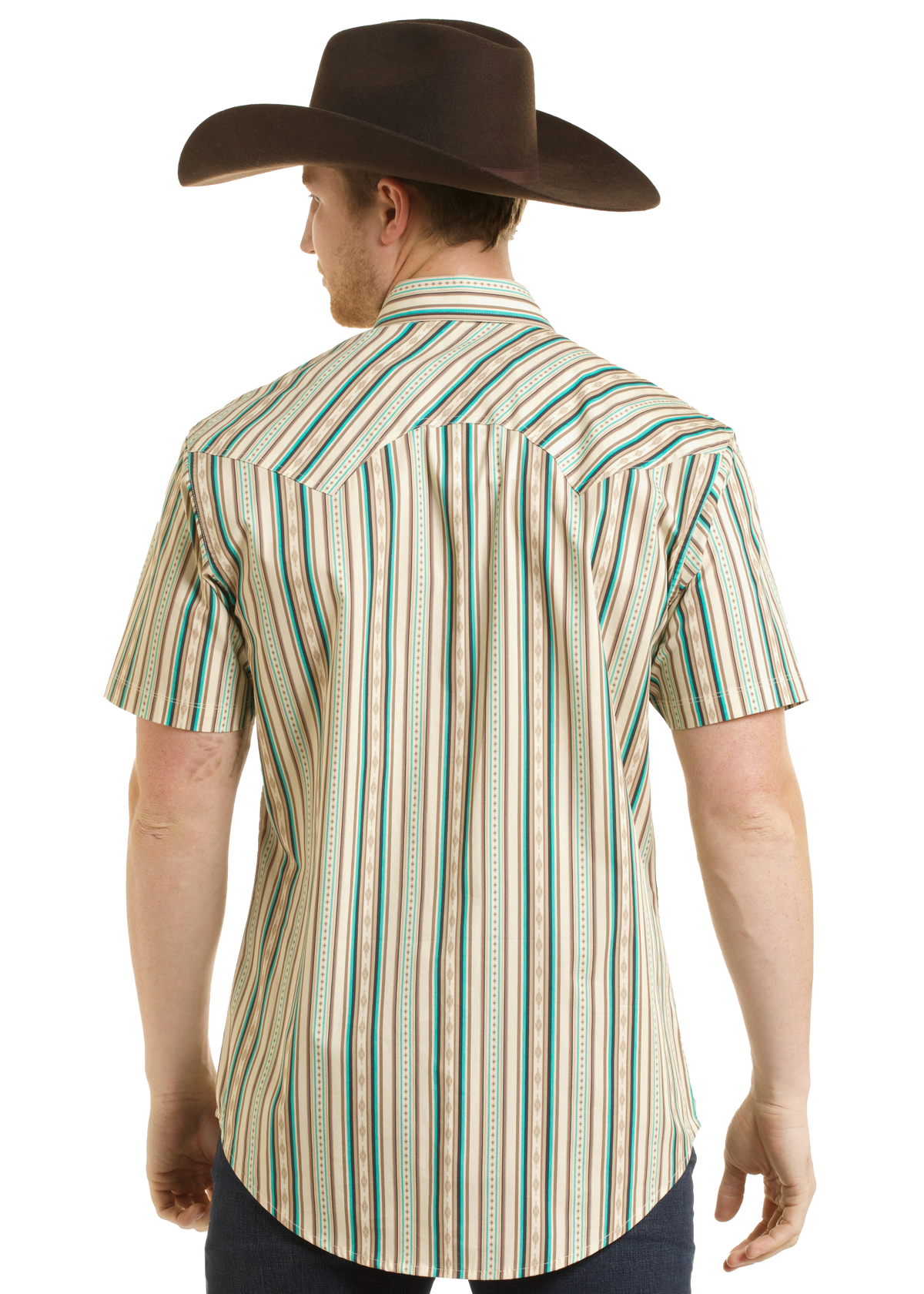 Back view of a man in a cowboy hat and short sleeve stripe shirt 