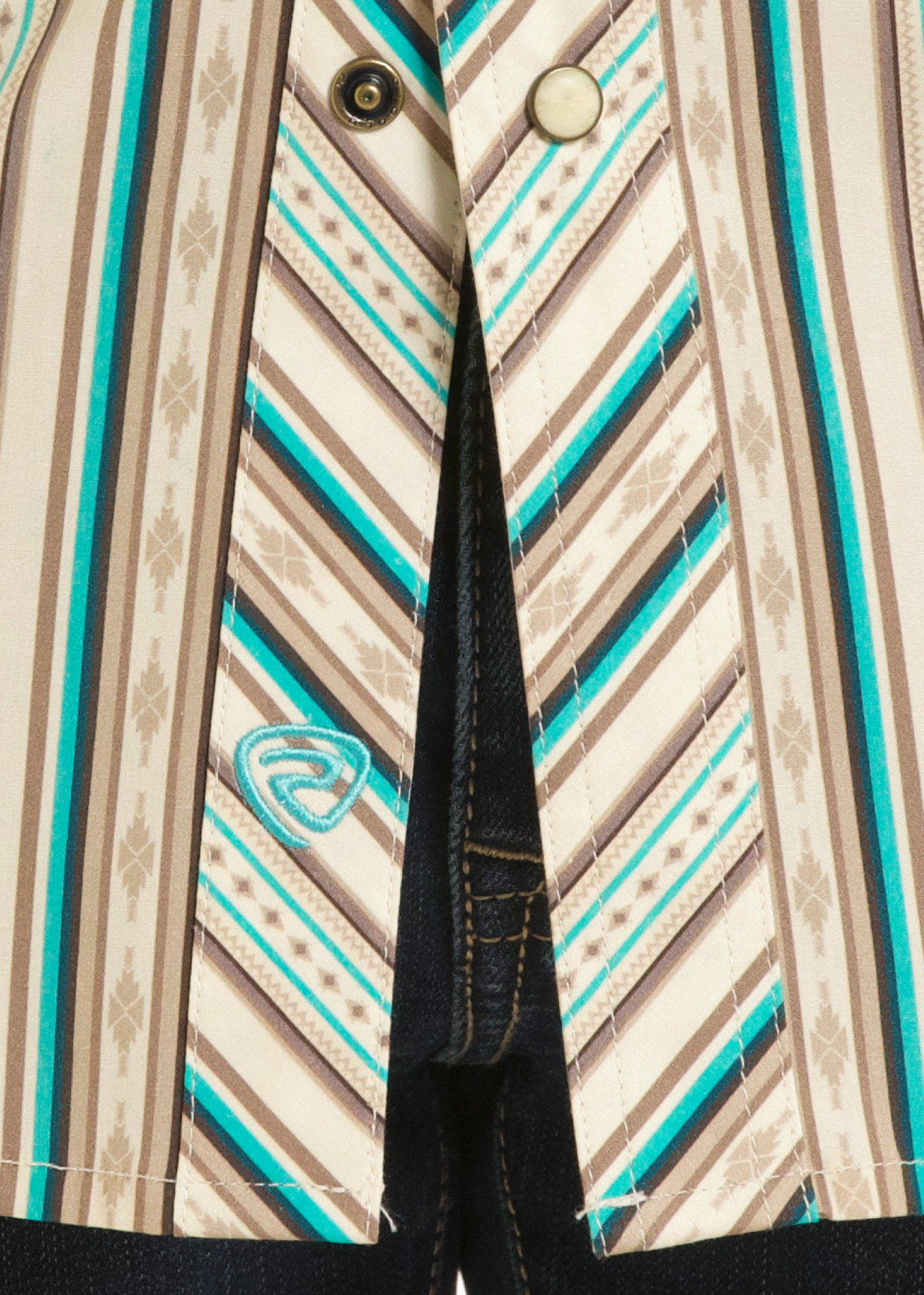 Detail image of a striped pearl snap shirt