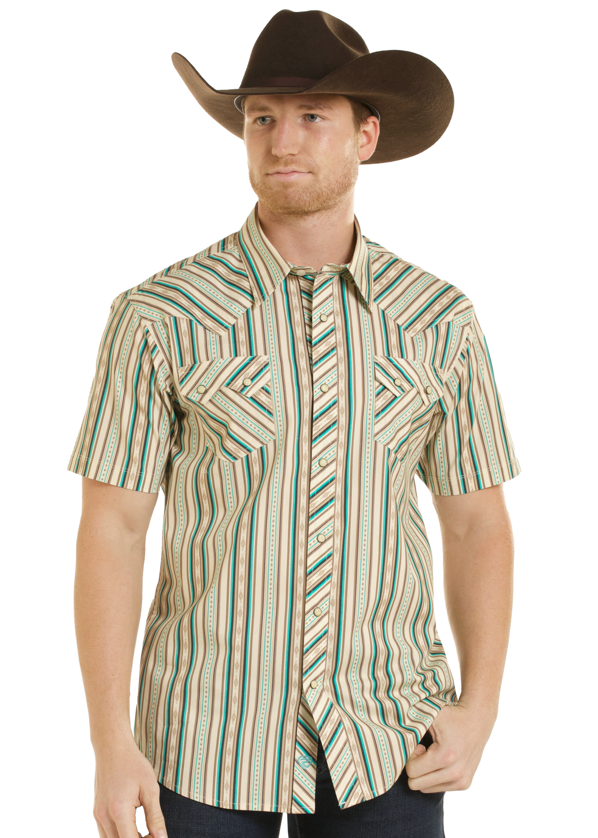 Man wearing a short sleeve strap snap shirt in a cowboy hat