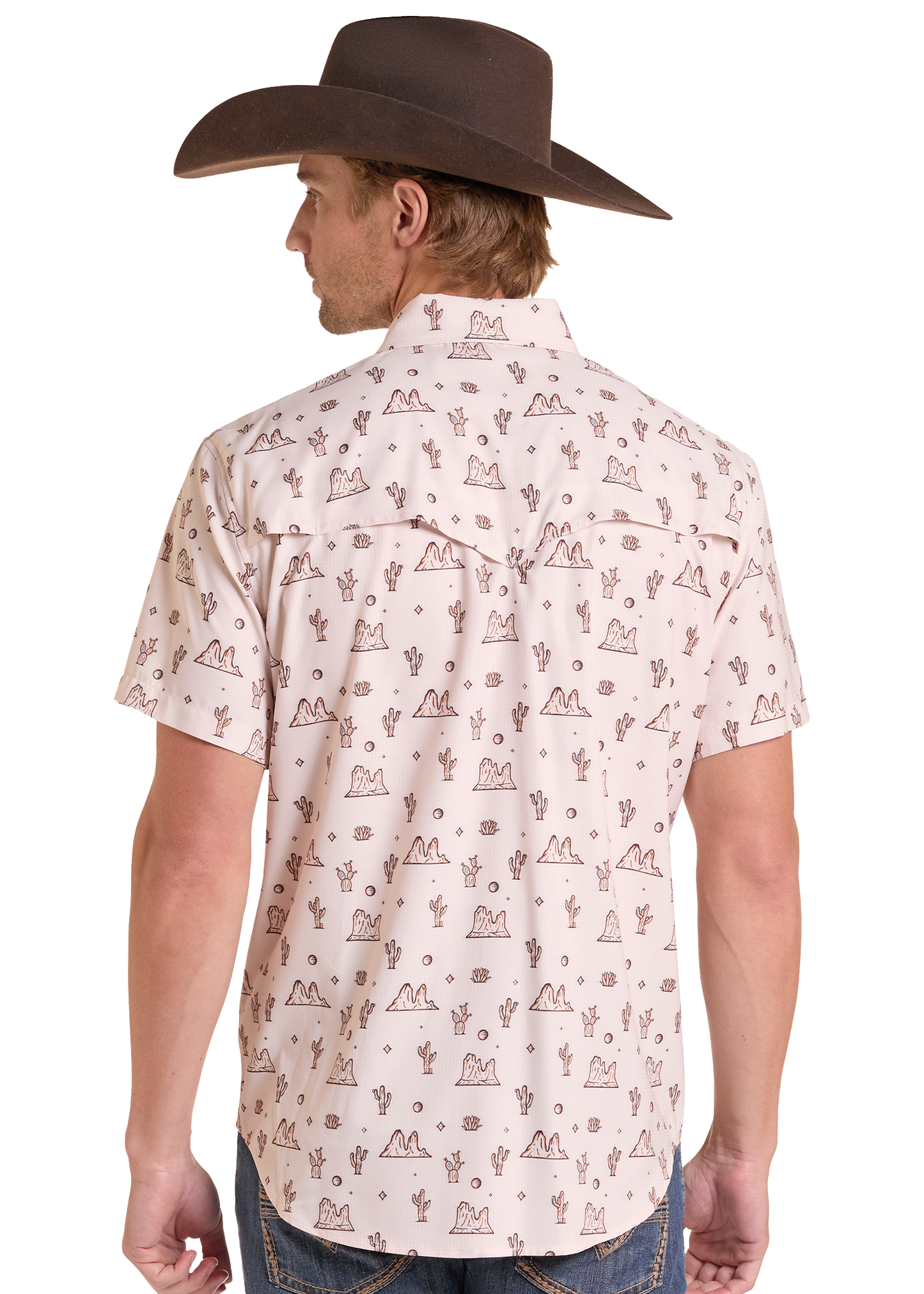 A man wearing a brown cowboy hat and a light beige short-sleeve western shirt with a brown cactus and mountain print, shown from the back against a white background.
