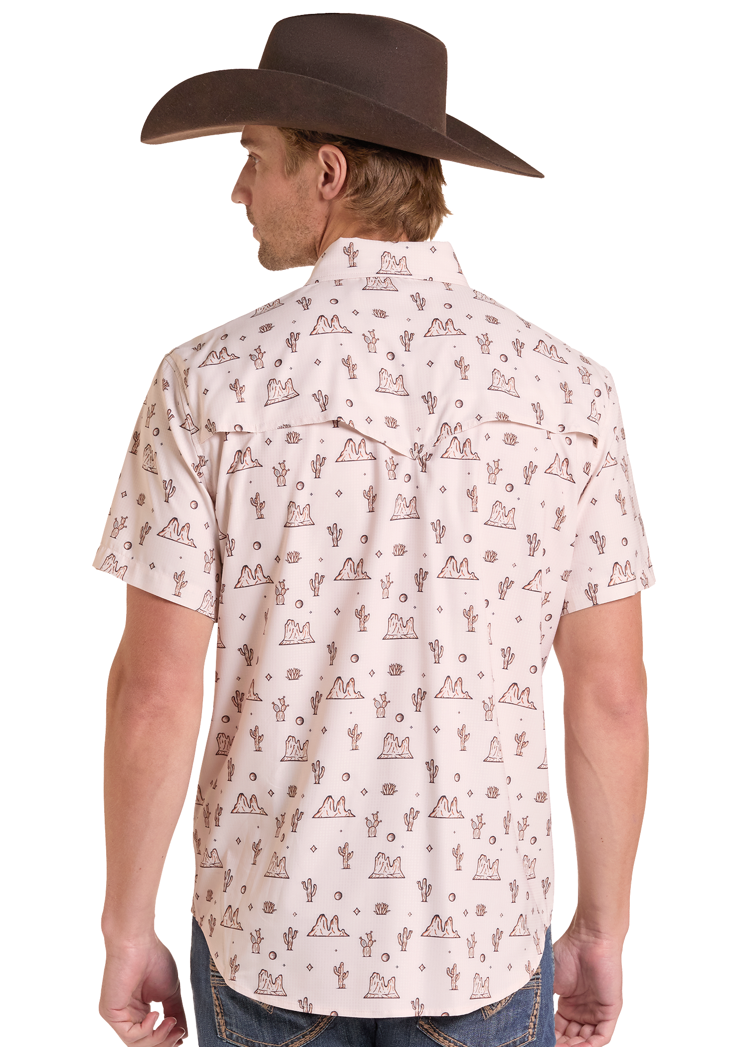 A man wearing a brown cowboy hat and a light beige short-sleeve western shirt with a brown cactus and mountain print, shown from the back against a white background.