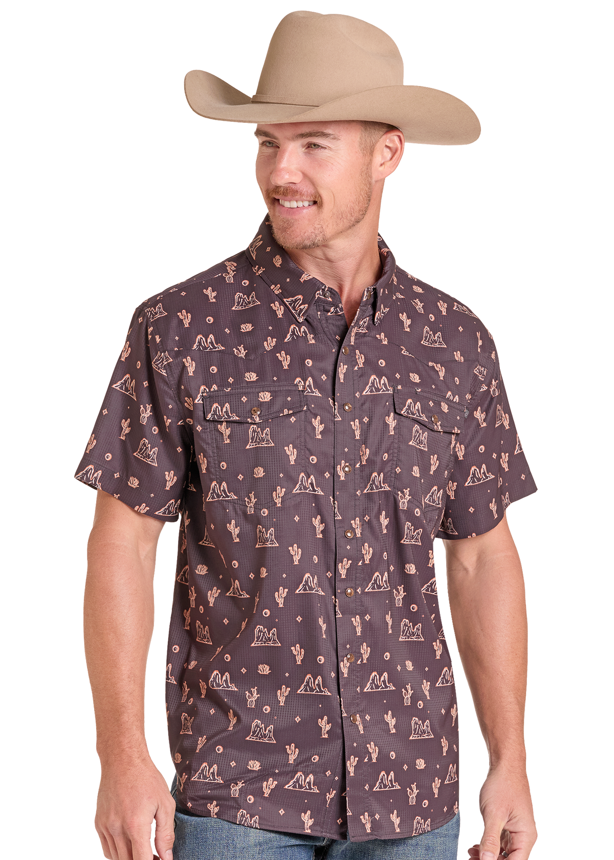 Man wearing black conversational print snap short sleeve shirt