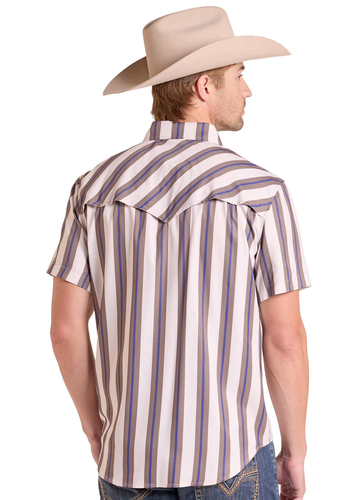A man wearing a beige cowboy hat and a short-sleeve western shirt with vertical stripes in beige, white, and blue, shown from the back against a white background.