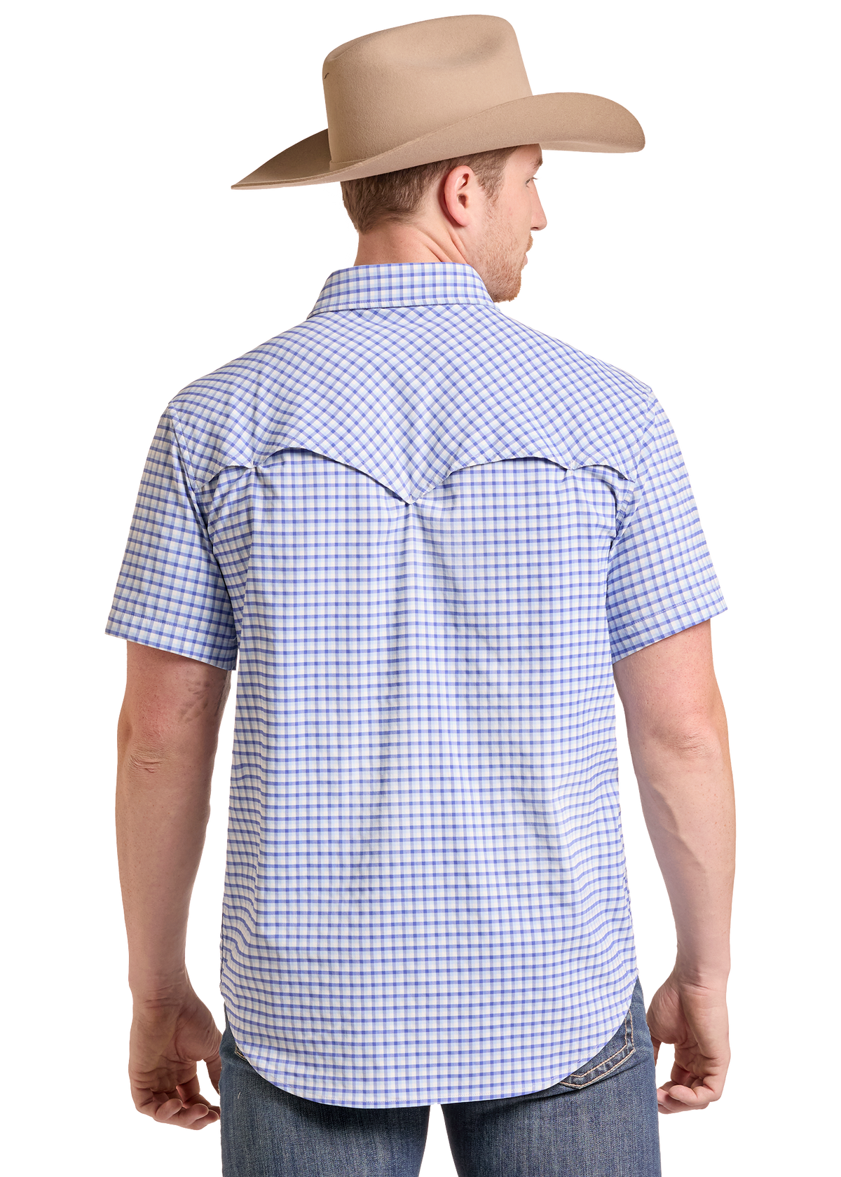 A man shown from the back wearing a light blue and white gingham short-sleeve western shirt, a tan cowboy hat, and blue jeans against a plain white background.