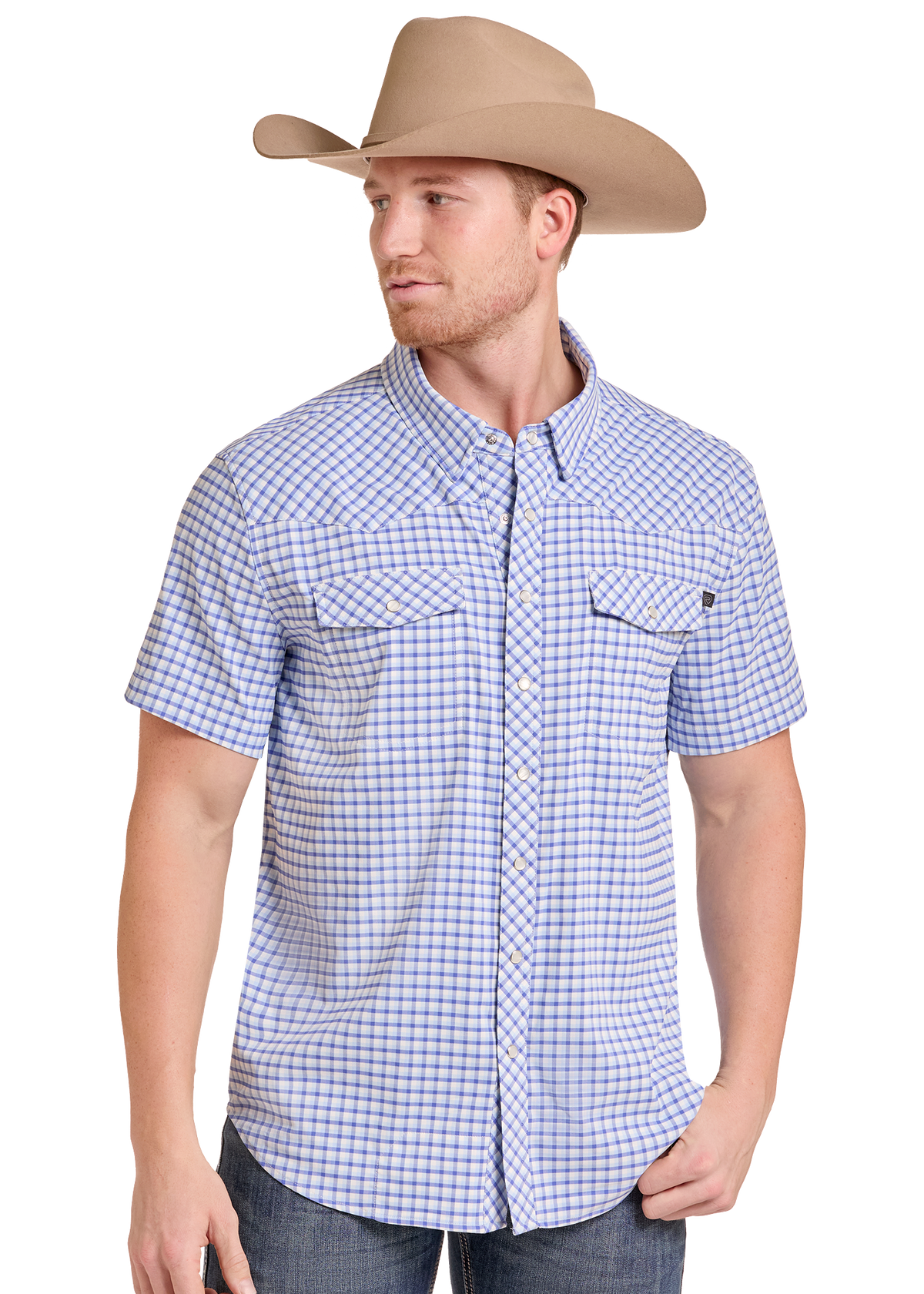 A man wearing a light blue and white checkered short-sleeve western shirt with a tan cowboy hat, shown against a plain white background.