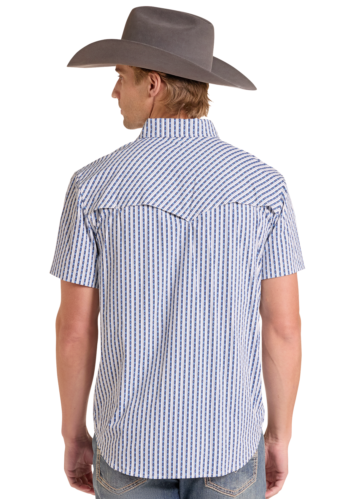 A man shown from the back wearing a short-sleeve western shirt with blue and white vertical stripes, paired with a brown cowboy hat and jeans, against a plain white background.