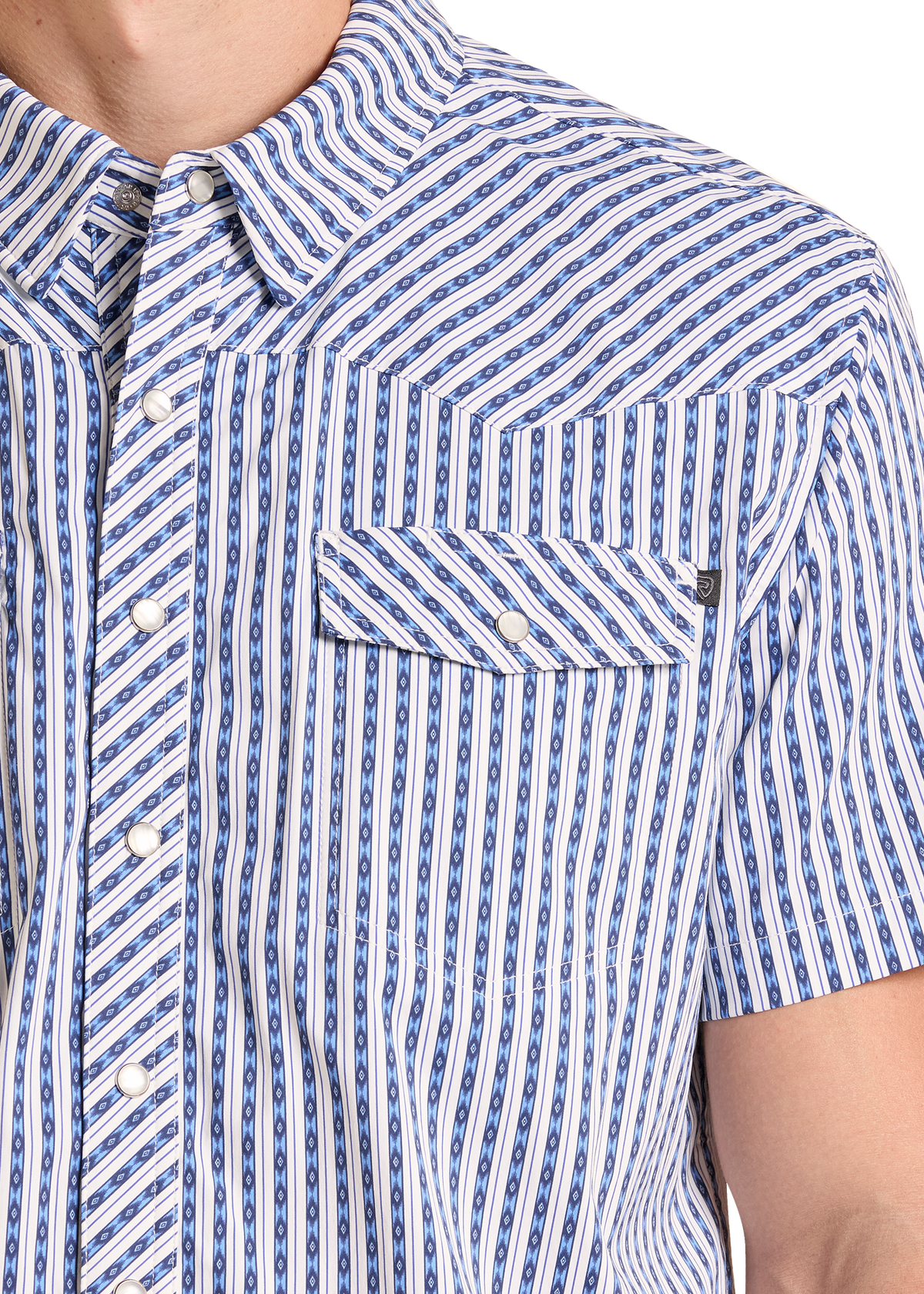 Close-up of a short-sleeve button-up shirt with a blue and white vertical stripe pattern, featuring a chest pocket with a snap button closure.