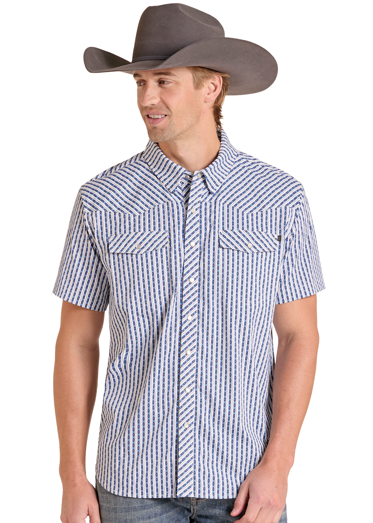 A man wearing a short-sleeve button-up western shirt with blue and white vertical stripes, paired with a brown cowboy hat and jeans, against a plain white background.