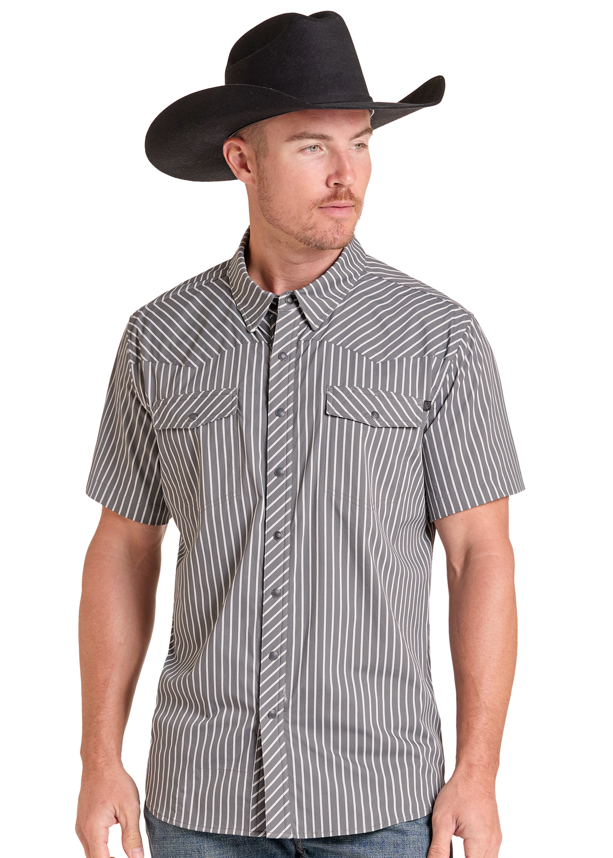 A man wearing a black cowboy hat and a gray short-sleeve button-up shirt with thin white vertical pinstripes, paired with blue jeans, photographed against a plain white background.