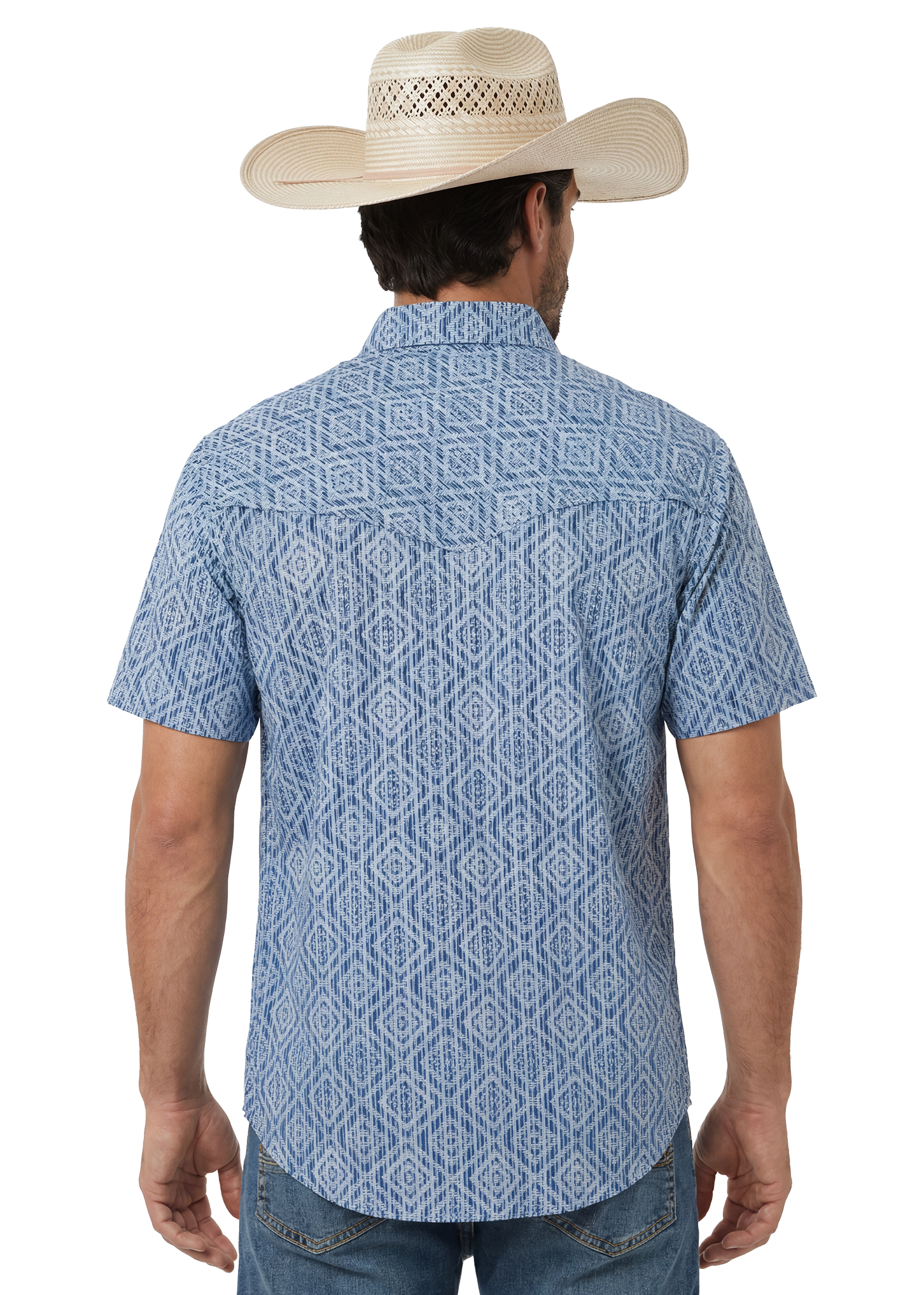 Man wearing a blue patterned shirt and straw hat on a white background
