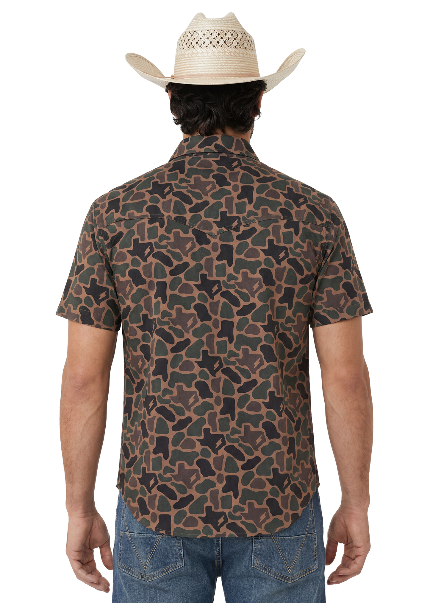 Man wearing a camouflage shirt and cowboy hat on a white background