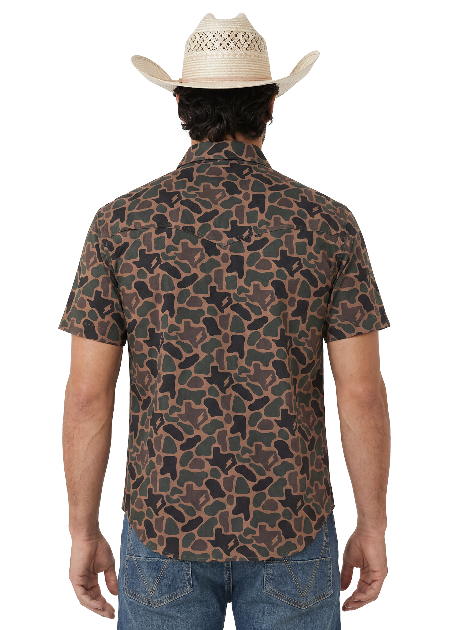 Man wearing a camouflage shirt and cowboy hat on a white background