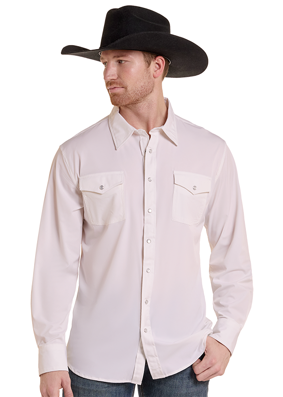 Man wearing a White TEK Core Long Sleeve Dress Shirt