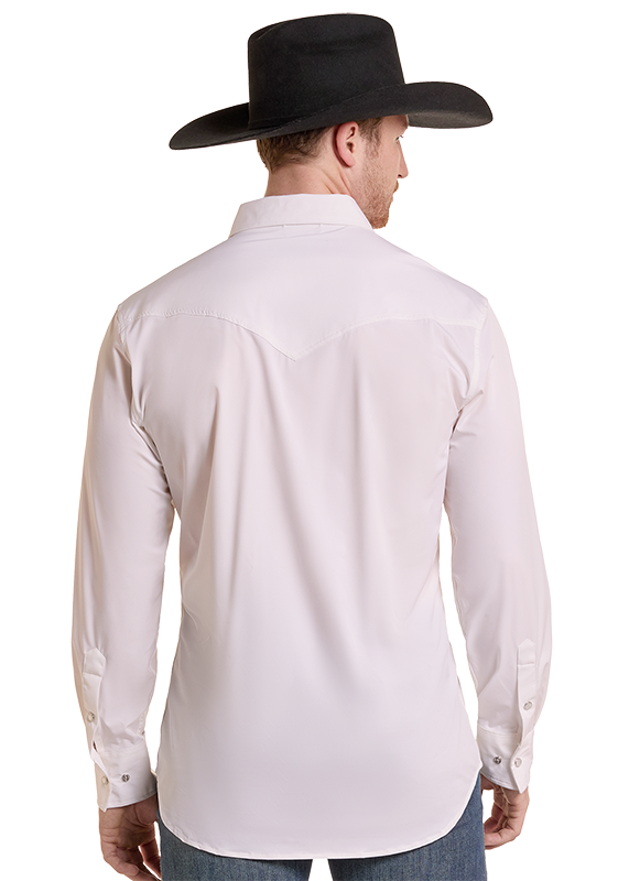 The back of a man wearing a White TEK Core Long Sleeve Dress Shirt