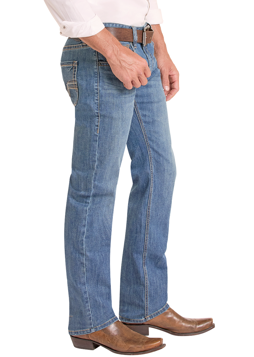 Man wearing a white shirt, blue jeans, and cowboy boots on a white background