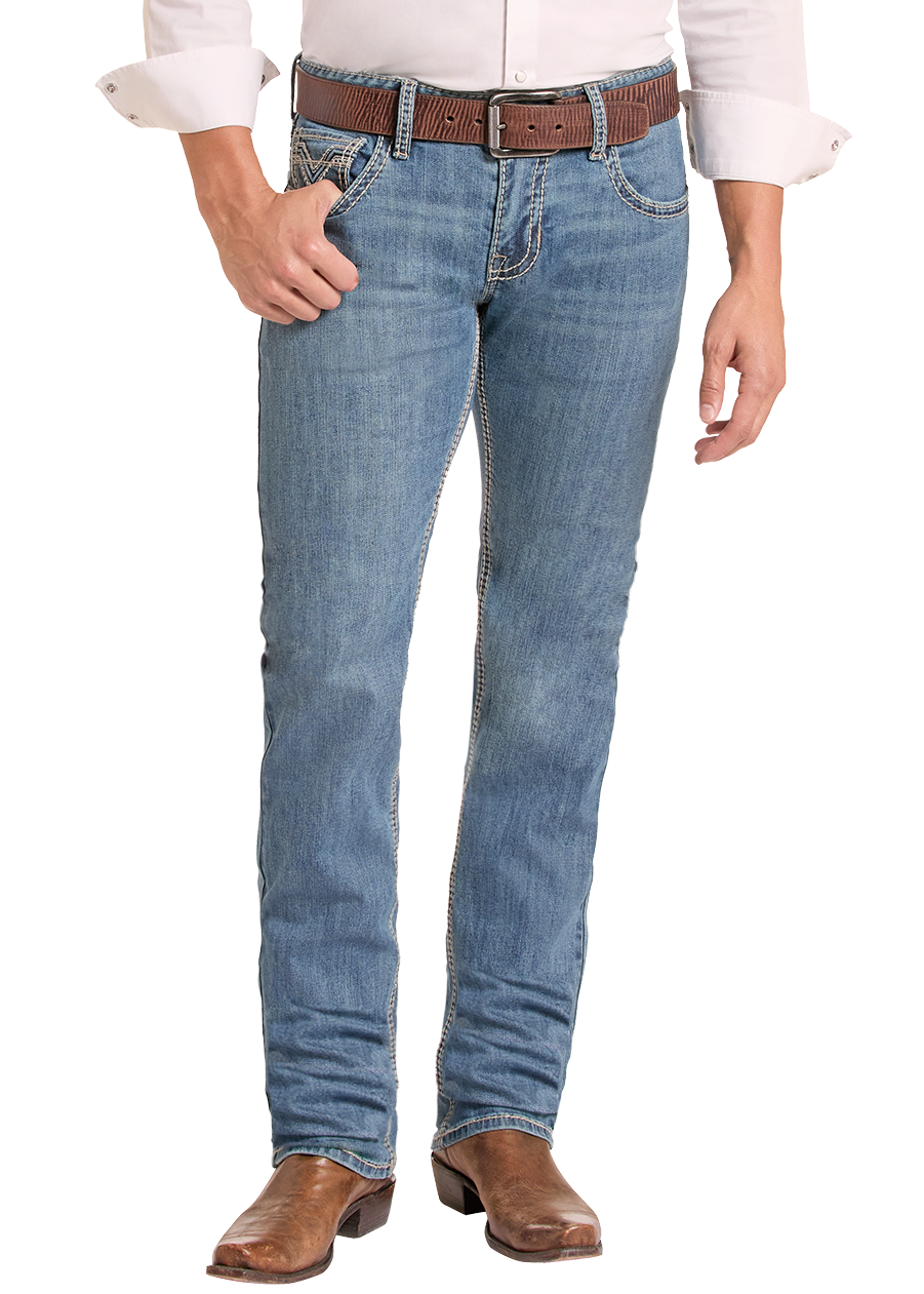 A man modeling a light pink western long-sleeve button-down shirt, blue jeans, a brown belt, brown boots, and a black cowboy hat against a plain white background.