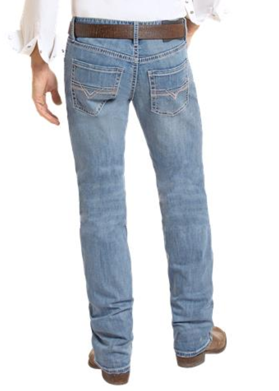 Man wearing light wash Jeans from the back. 