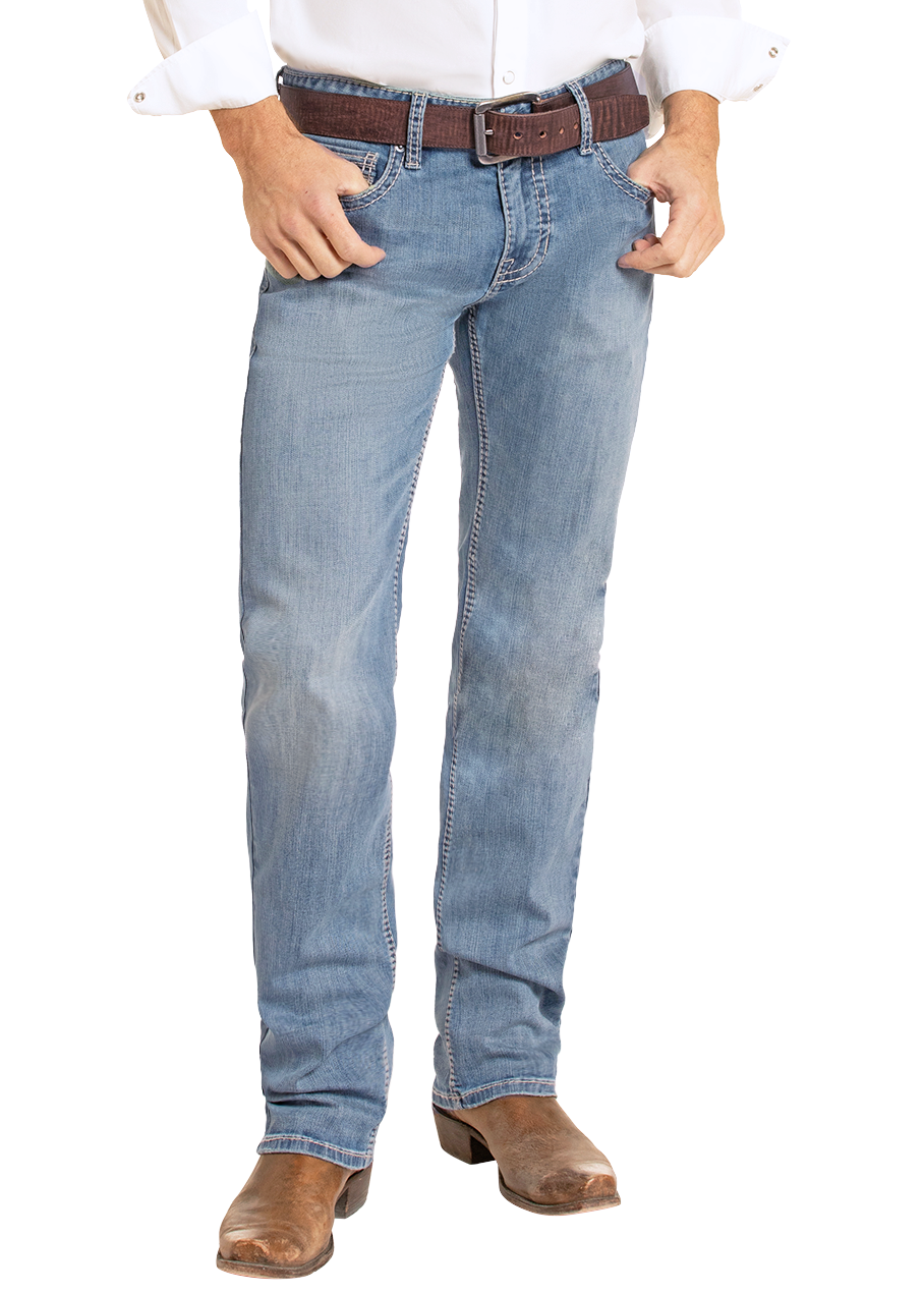 Man wearing light wash jeans. 