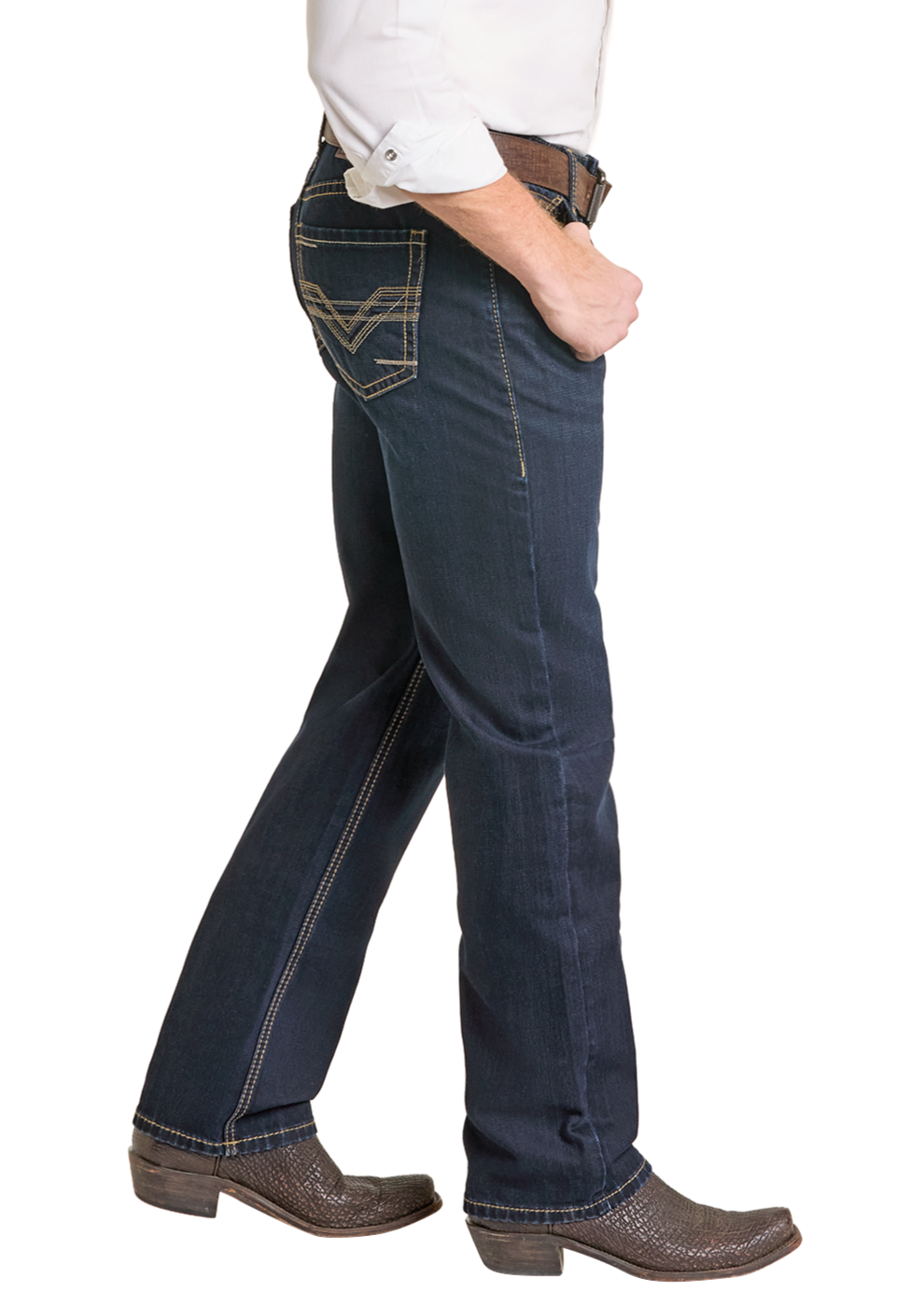 Man wearing a white shirt, dark jeans, and a black cowboy hat on a white background