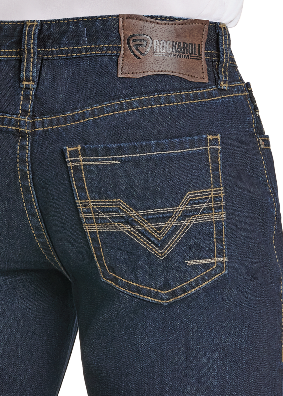 Blue jeans with a brand patch on a white background