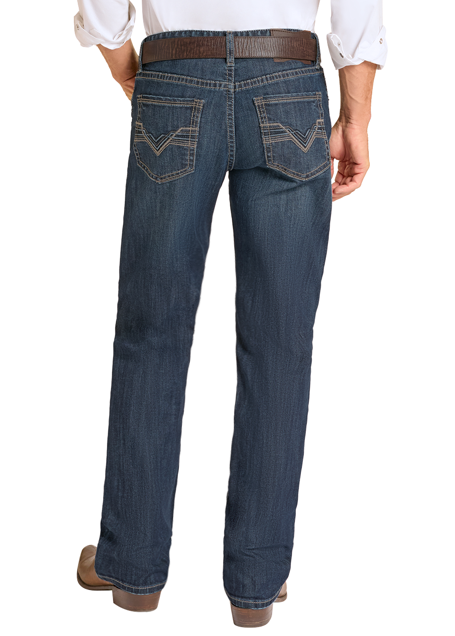 the back of a man wearing a white shirt, jeans and cowboy boots