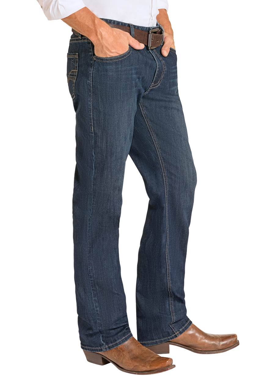 Man wearing a white shirt, blue jeans, and cowboy boots on a white background