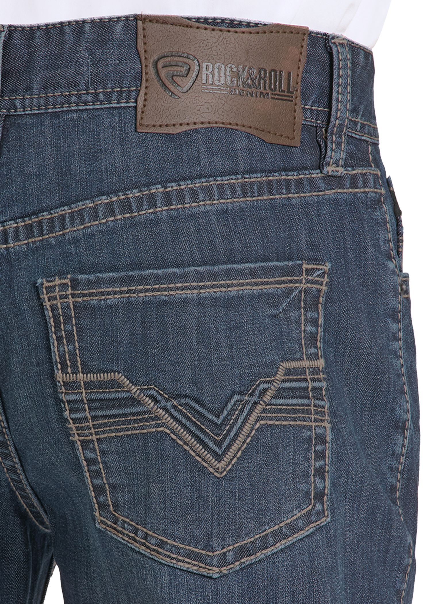 Close-up of blue jeans with a brand label on the back pocket.