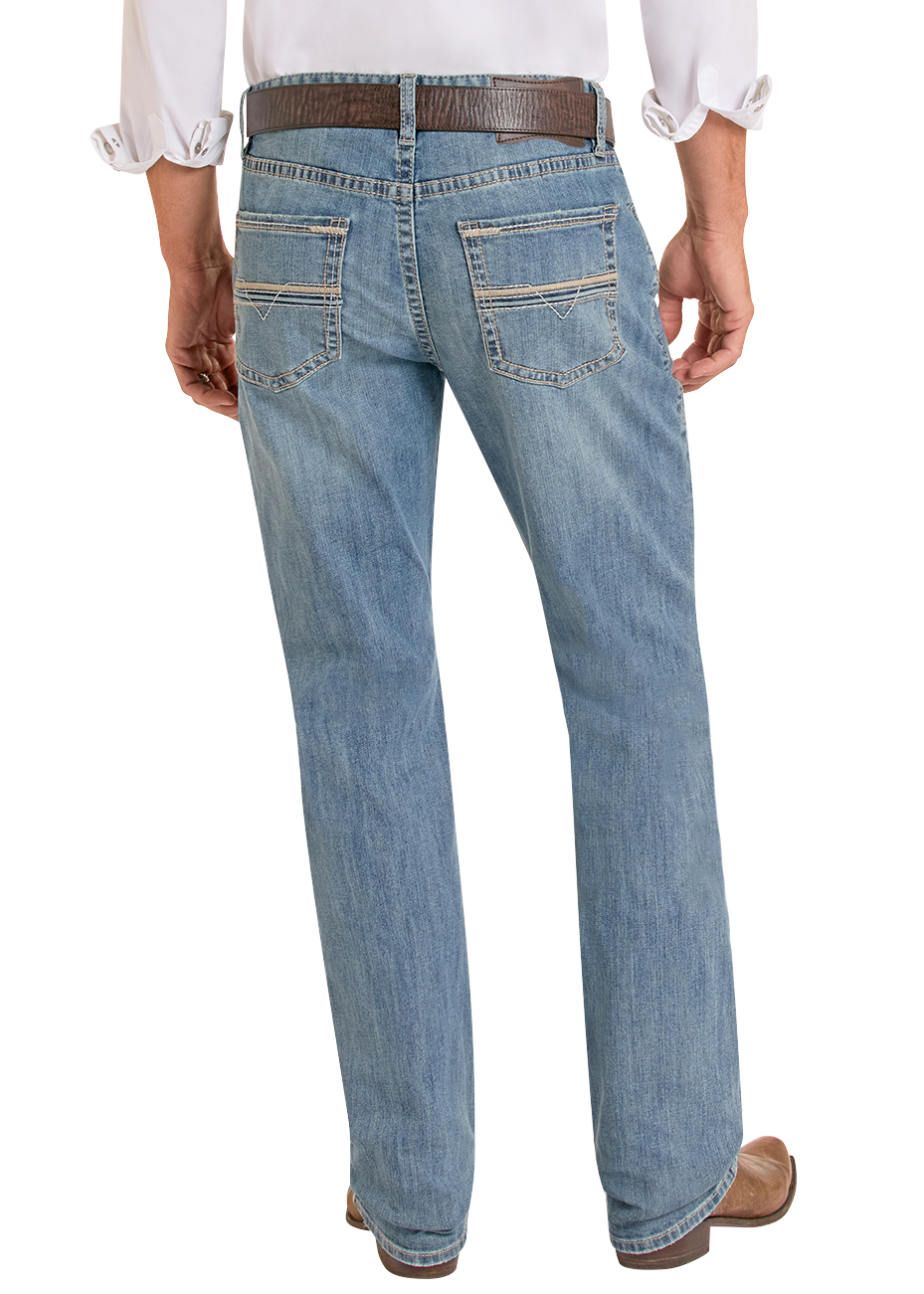 Man wearing a white shirt, blue jeans, and cowboy boots on a white background