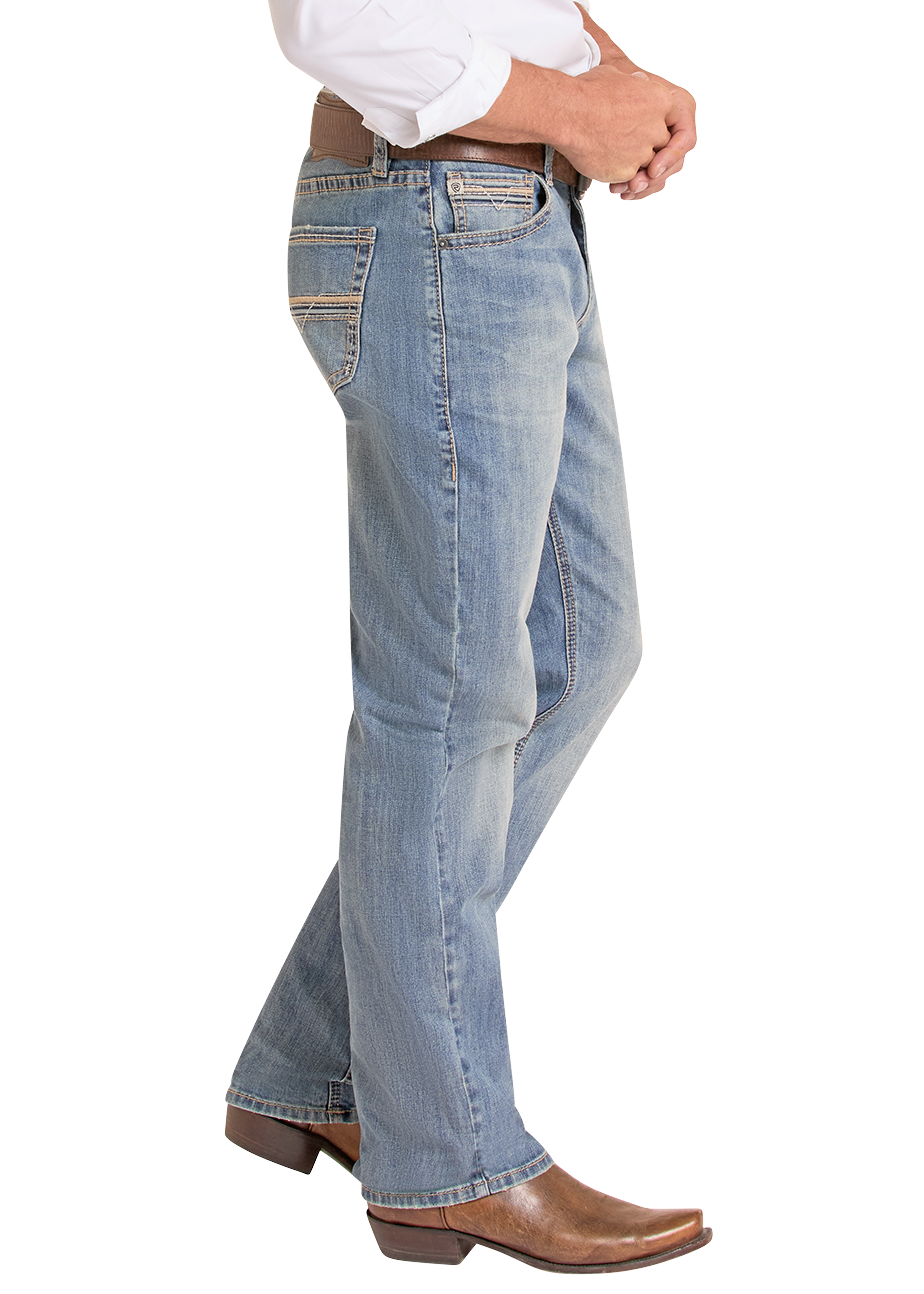 Man wearing a white shirt, light blue jeans, and a beige cowboy hat on a white background