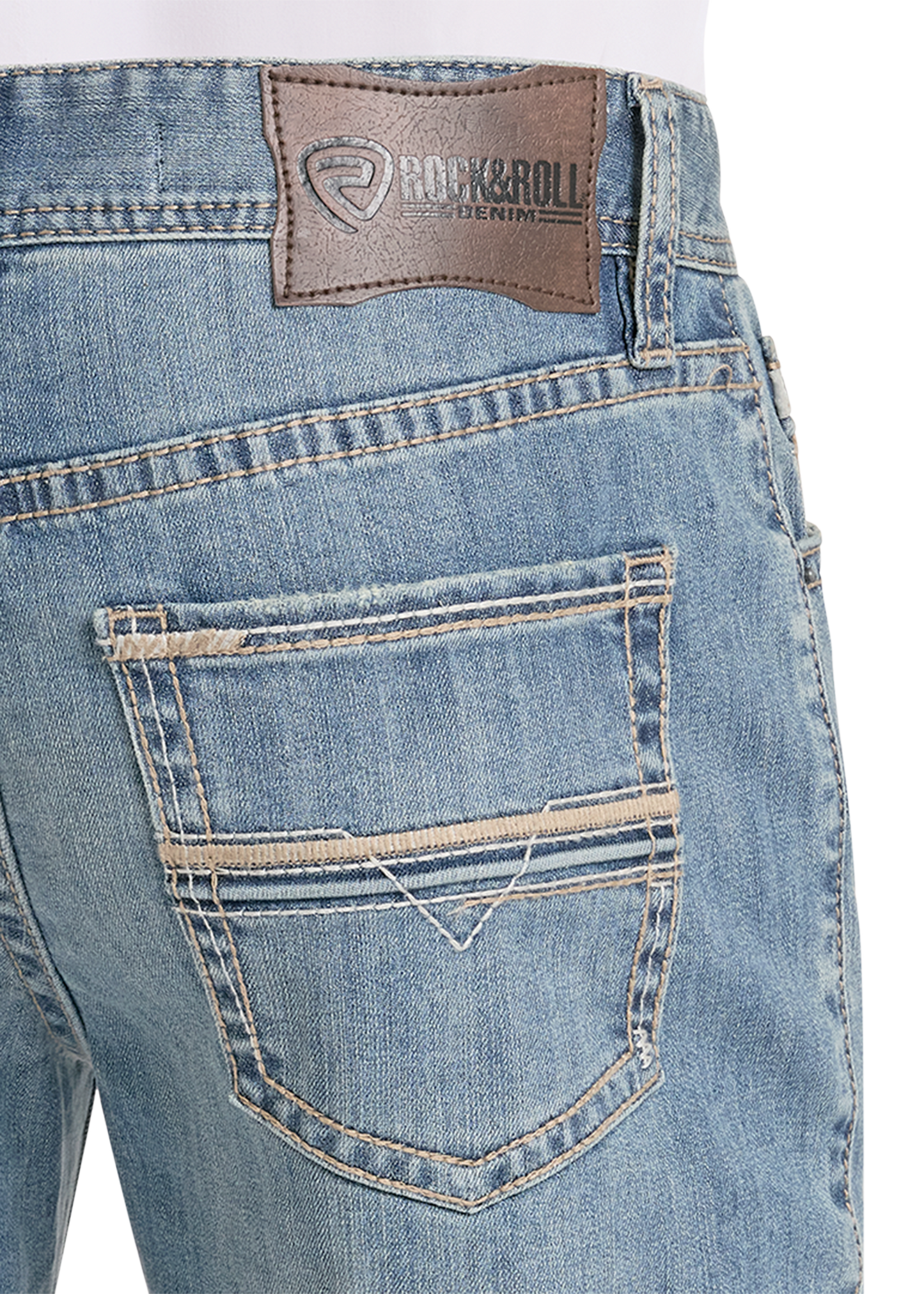 Close-up of blue jeans with a brand label on a white background