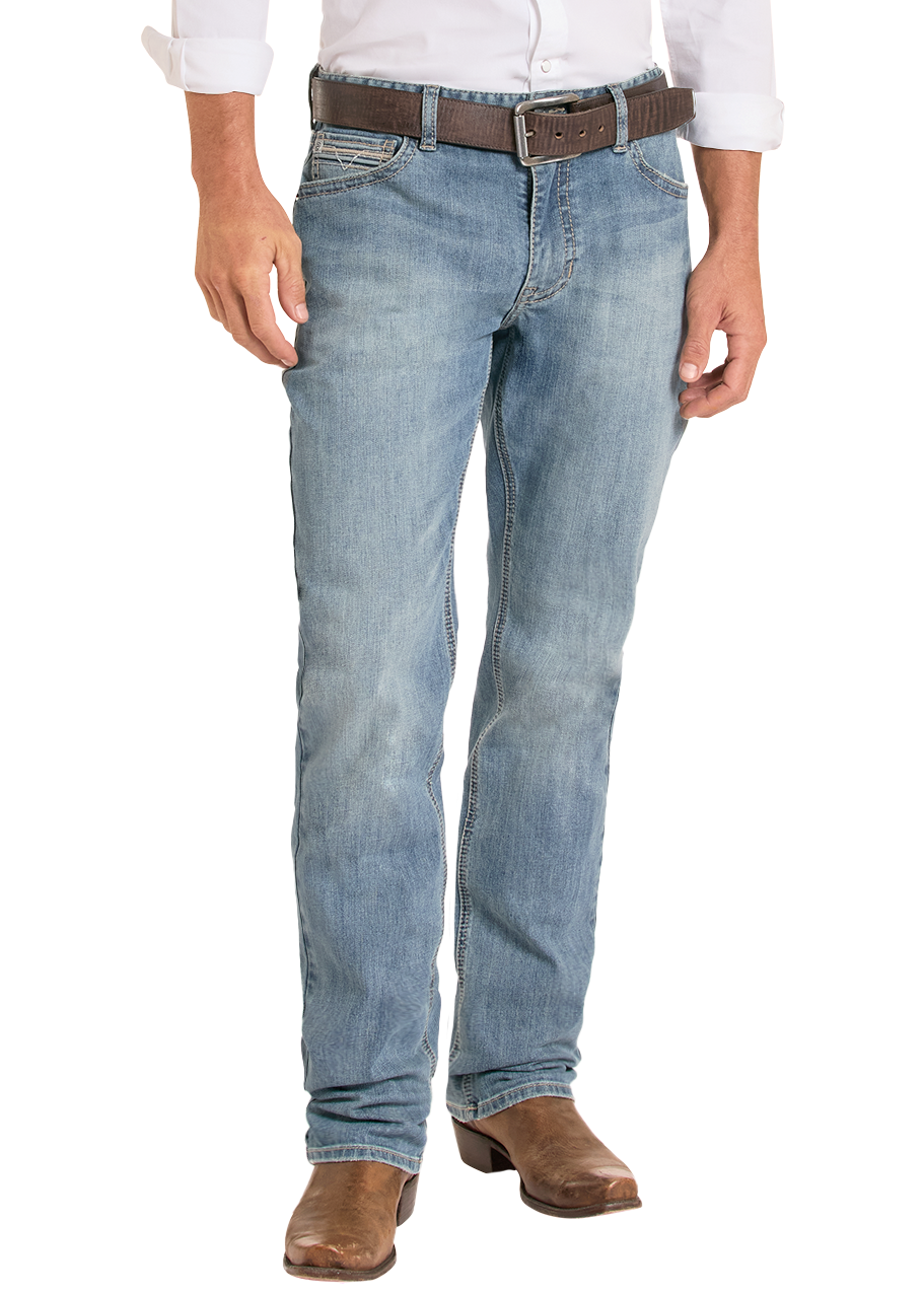 Man wearing a white shirt, light blue jeans, and a cowboy hat on a white background