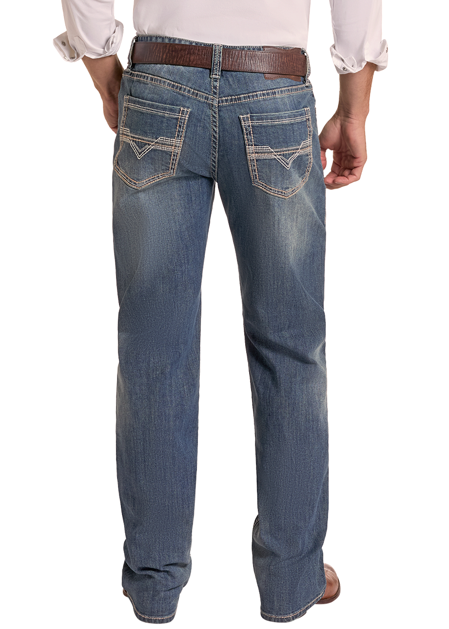 A man shown from the back wearing a light pink long-sleeve button-down shirt, blue jeans, a brown belt, and a tan cowboy hat, isolated on a white background.