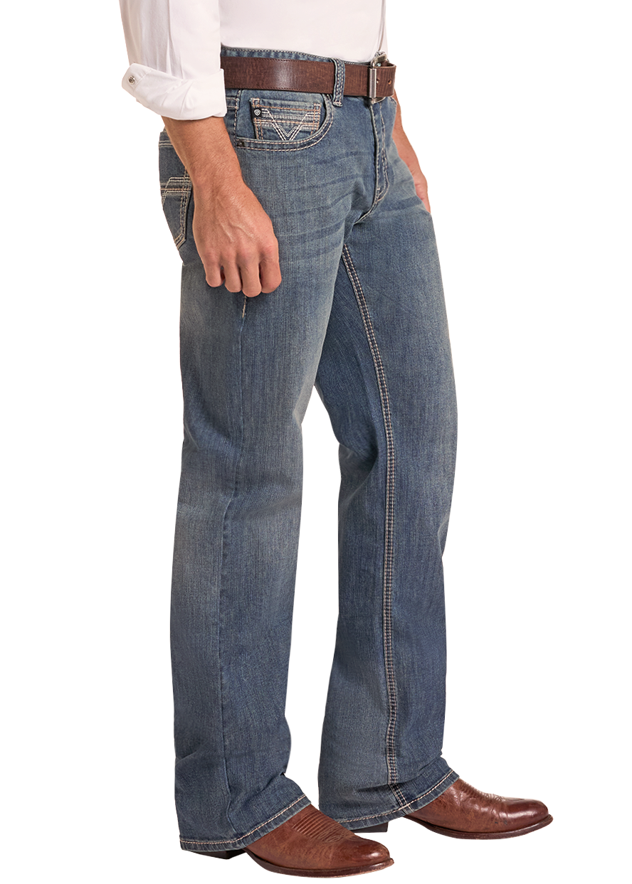 A man wearing a light beige cowboy hat, a white long-sleeve button-down shirt, blue jeans, a brown belt, and brown leather boots, shown in profile against a plain white background.