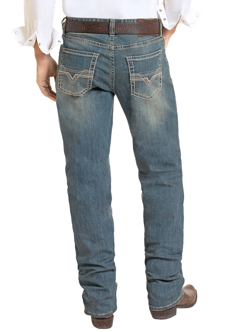The back of a man in a loose fit jean. 