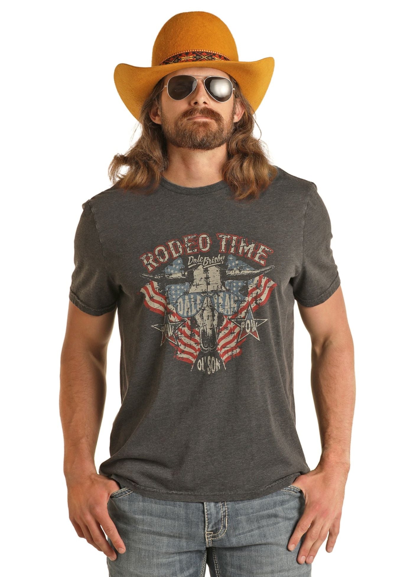 Man wearing a 'Rodeo Time' t-shirt with a graphic design on a white background