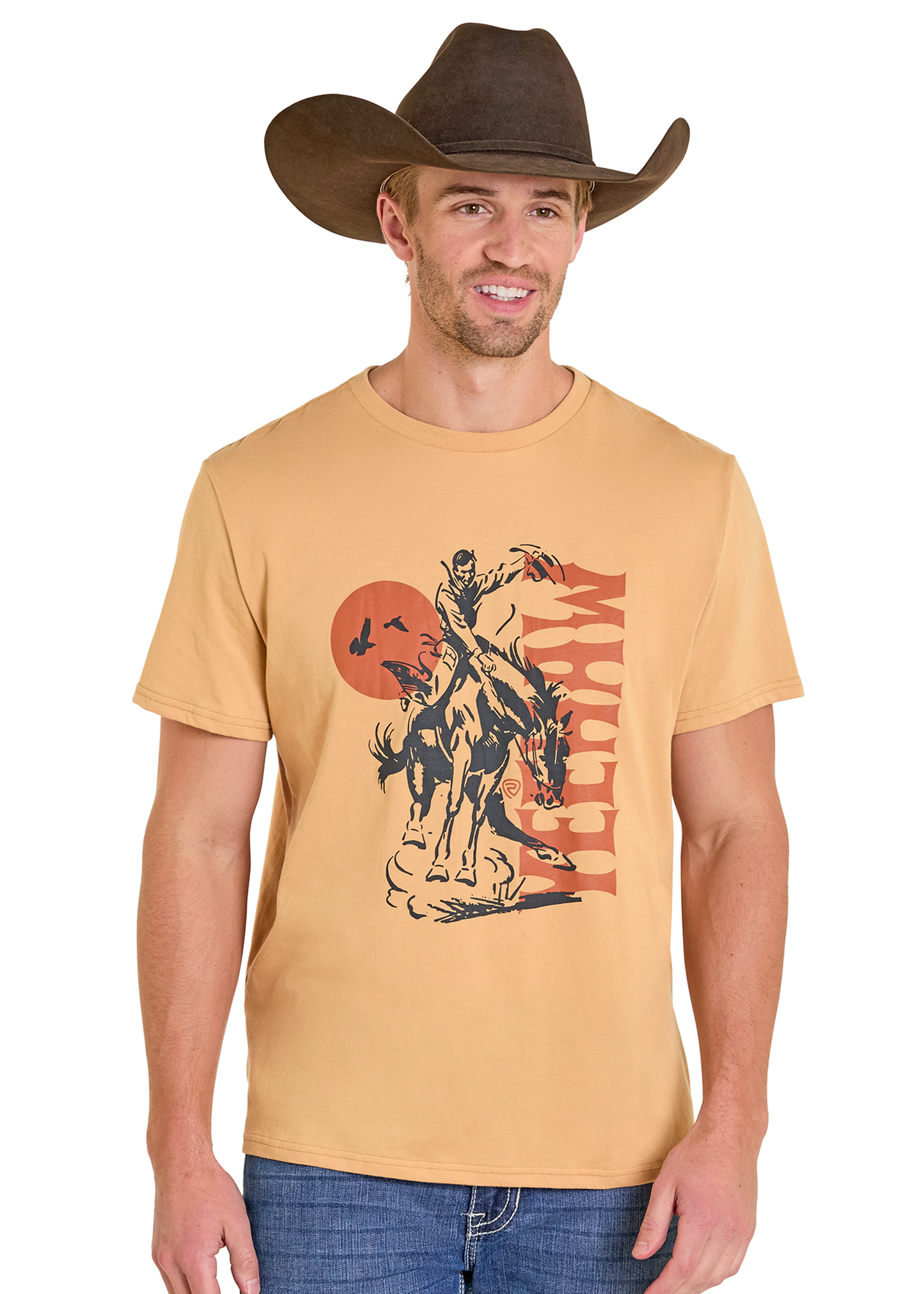 Man wearing a tan t-shirt with a graphic design of a cowboy on a horse, standing against a white background.