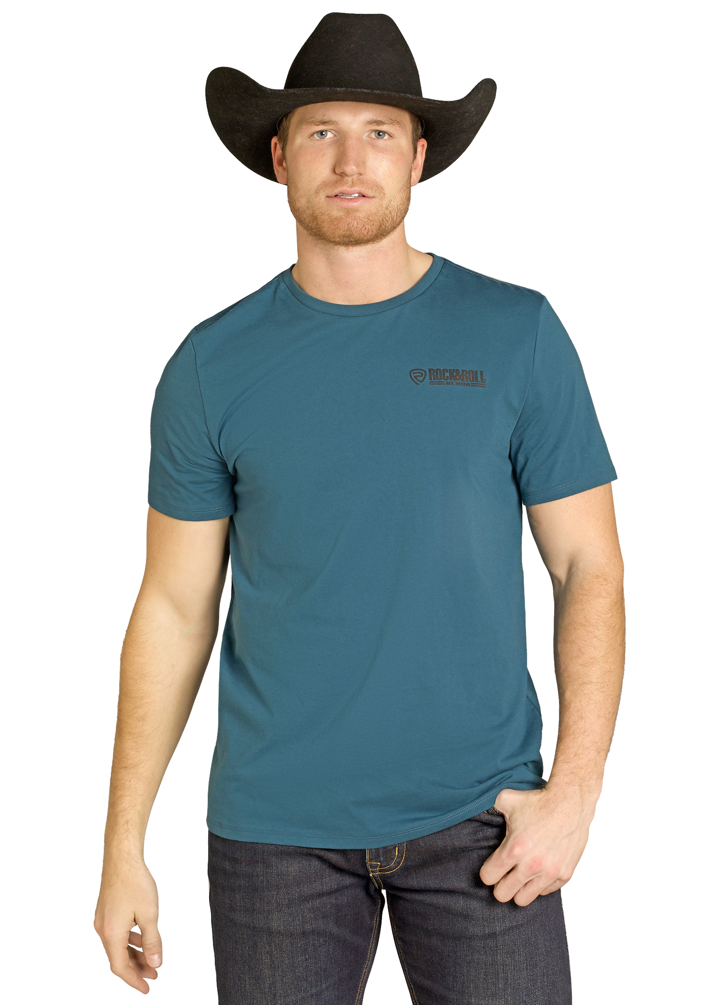 Man wearing a teal t-shirt with a logo and a black cowboy hat on a white background