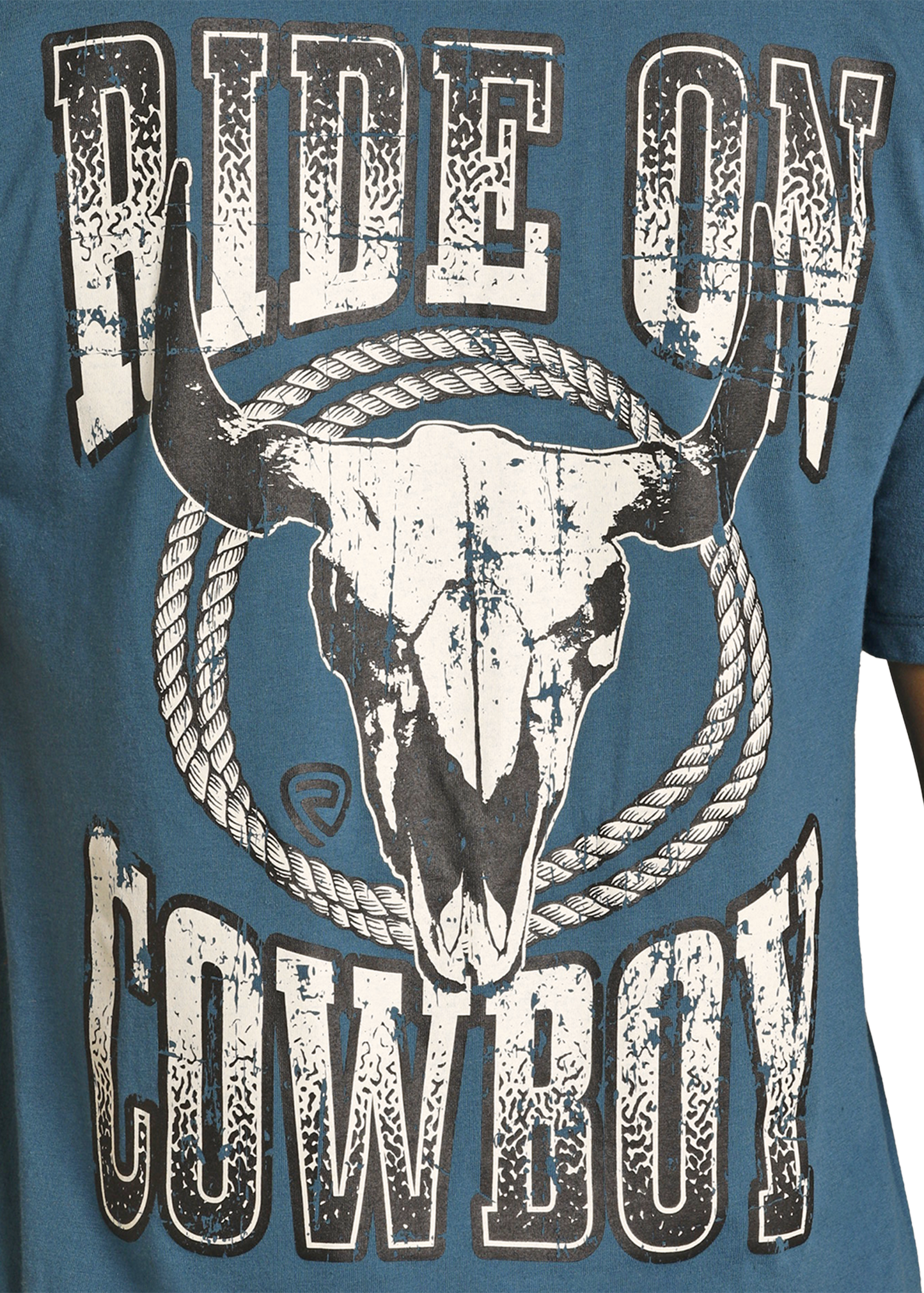 T-shirt with a graphic of a bull skull and 'Ride On Cowboy' text on a blue background