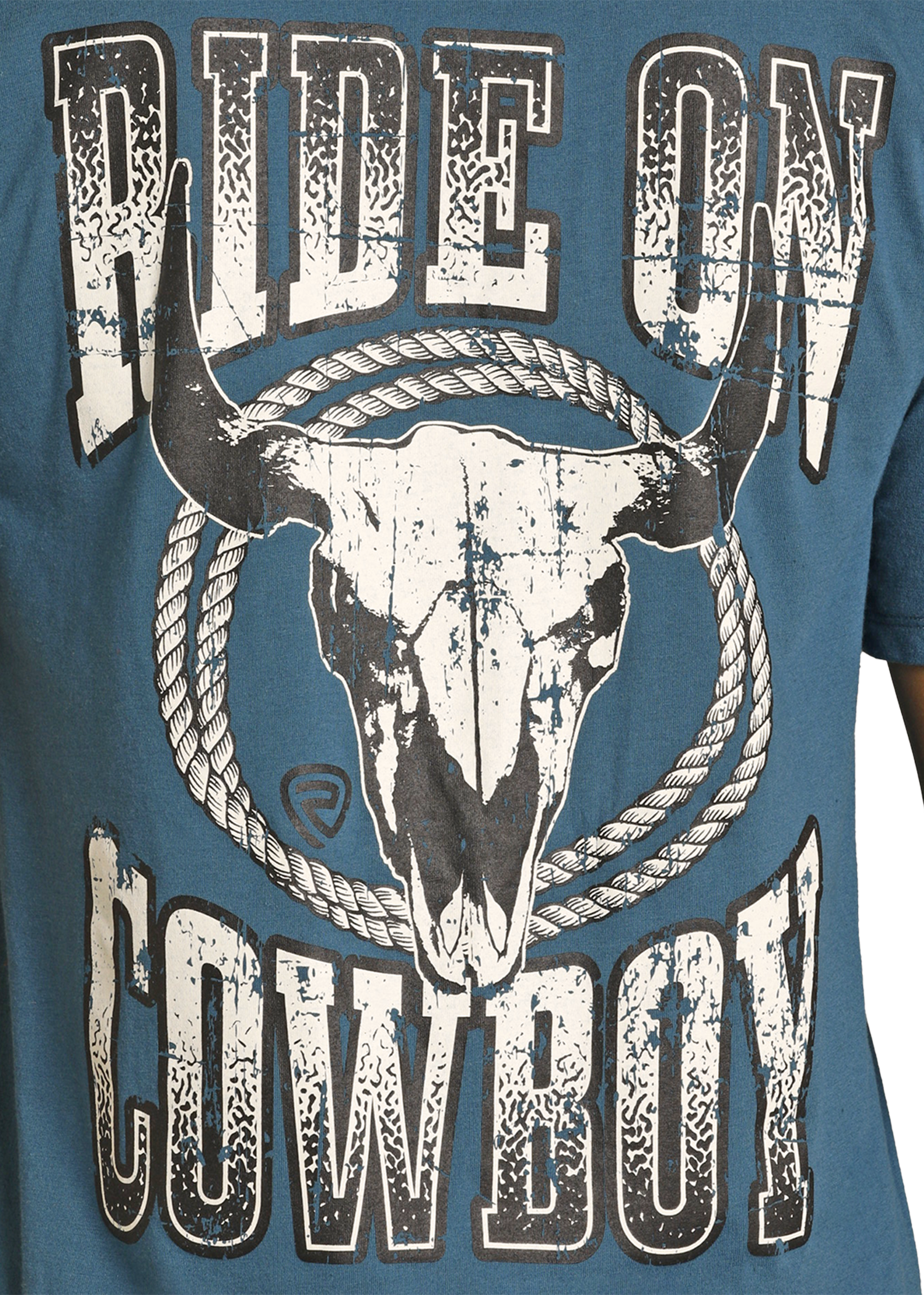 T-shirt with a graphic of a bull skull and 'Ride On Cowboy' text on a blue background