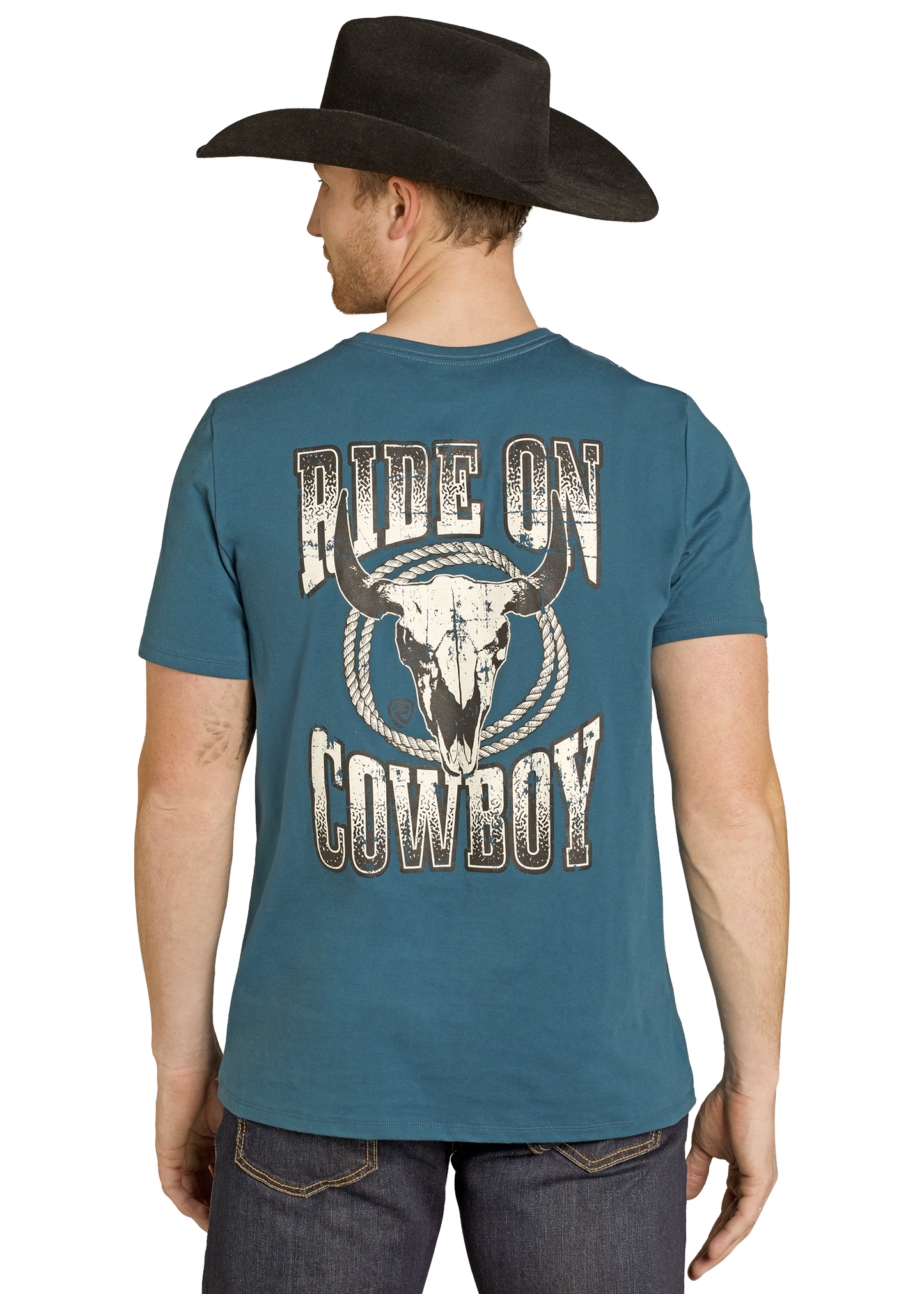 Man wearing a blue t-shirt with 'Ride On Cowboy' design and a black cowboy hat.
