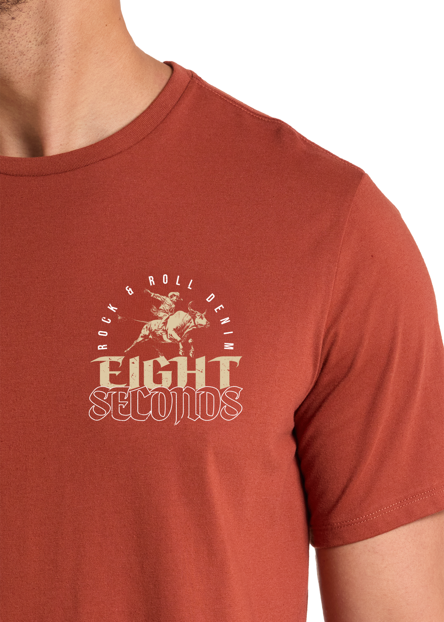 Red t-shirt with 'Eight Seconds' graphic design on a white background