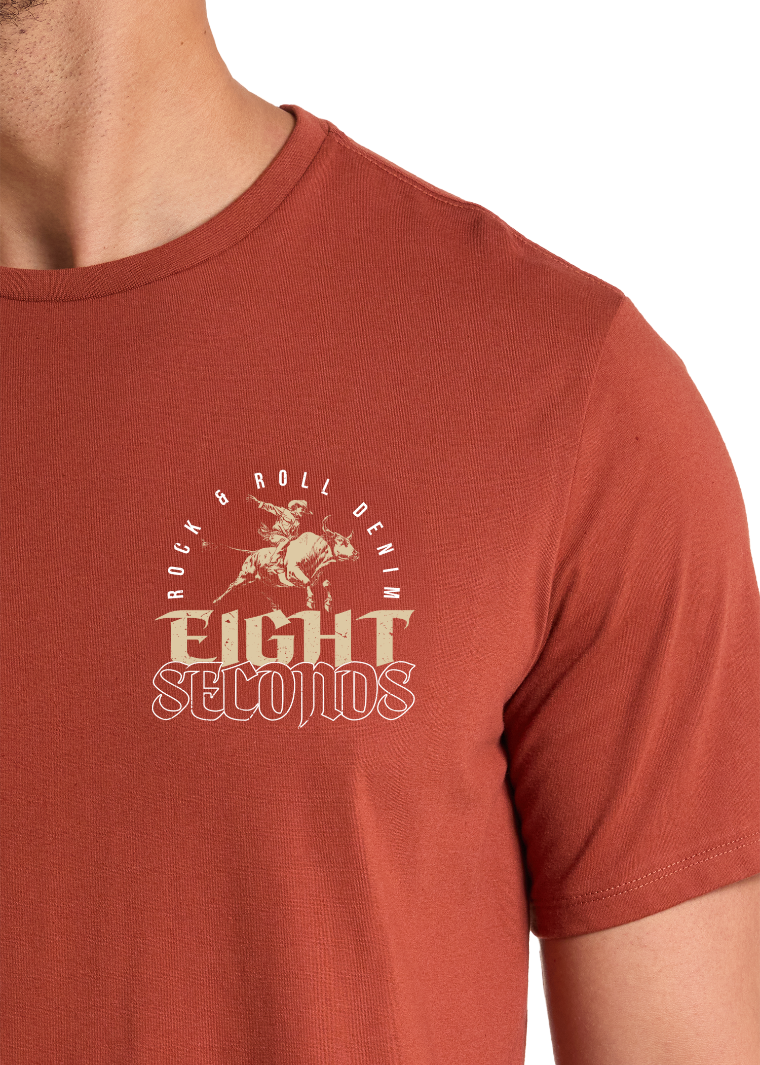 Red t-shirt with 'Eight Seconds' graphic design on a white background