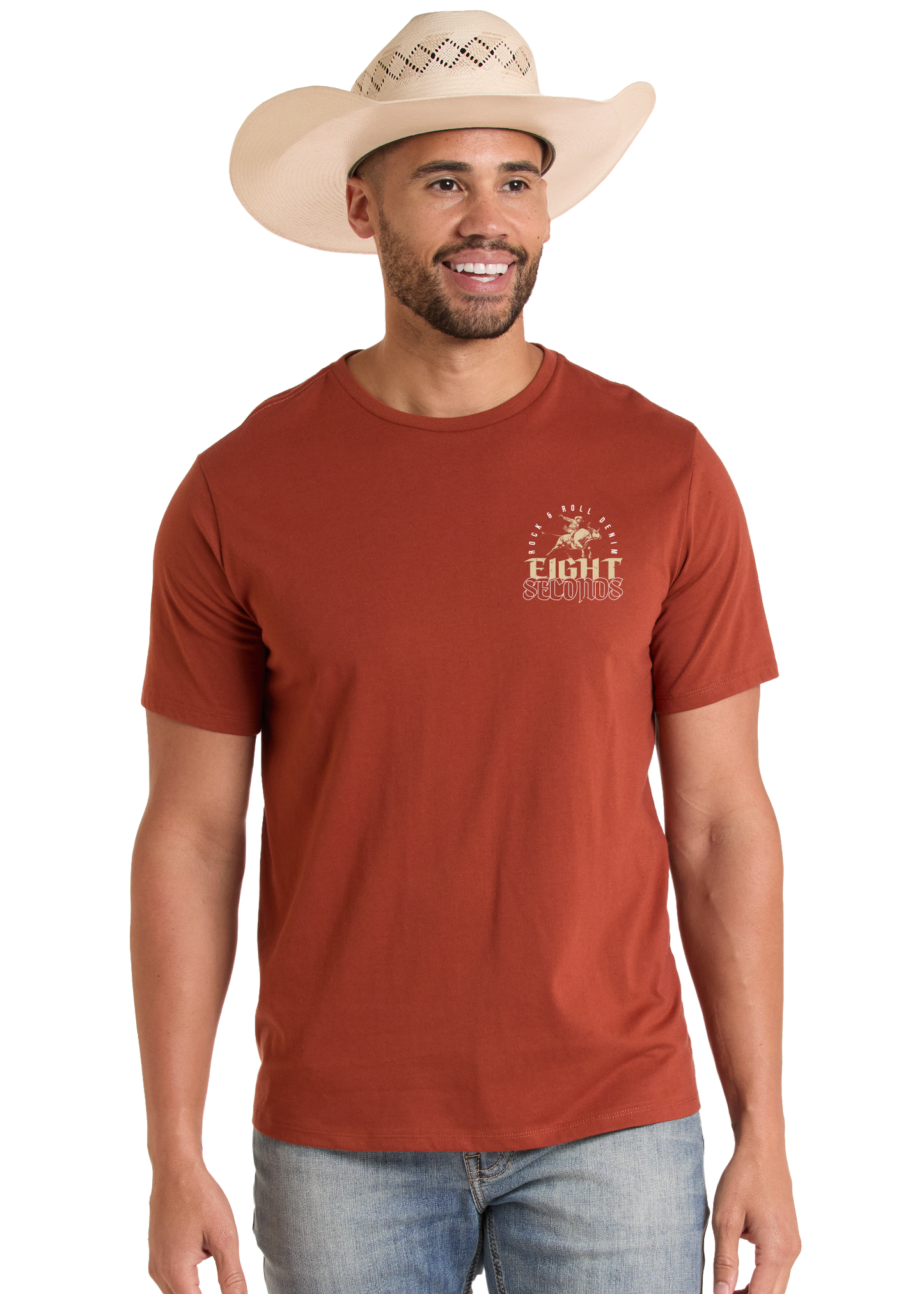 Man wearing a brown t-shirt with a logo and a cowboy hat on a white background