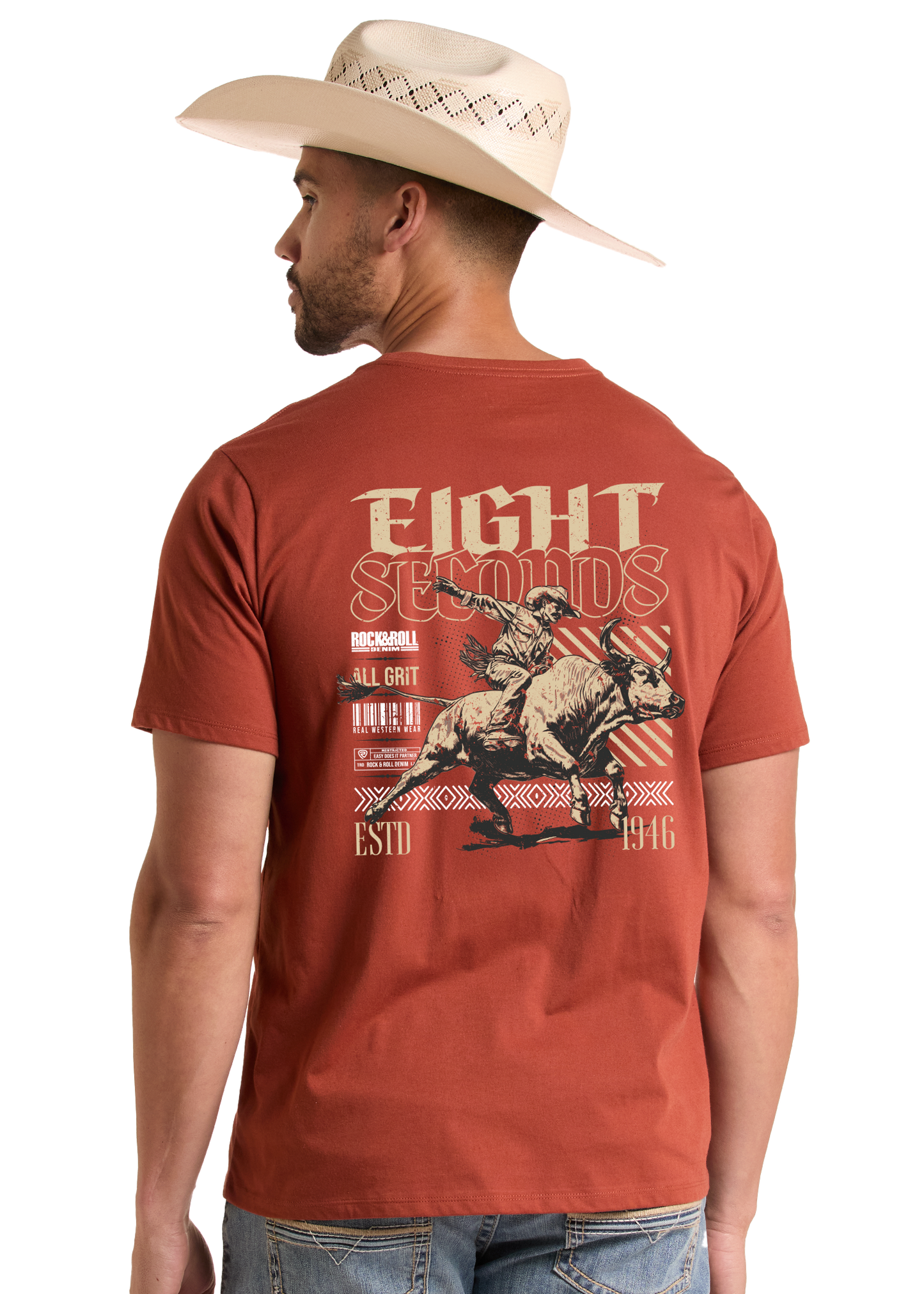 Man wearing a red t-shirt with 'Eight Seconds' graphic design on a white background
