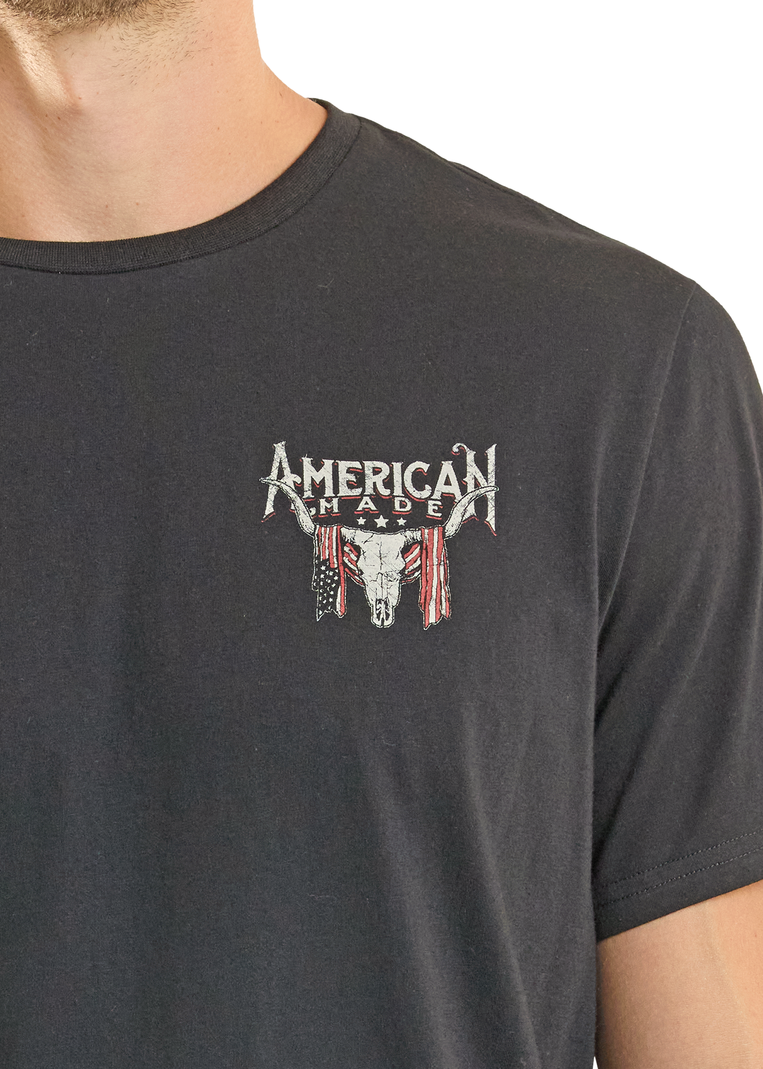 Black t-shirt with 'American Made' graphic on a white background